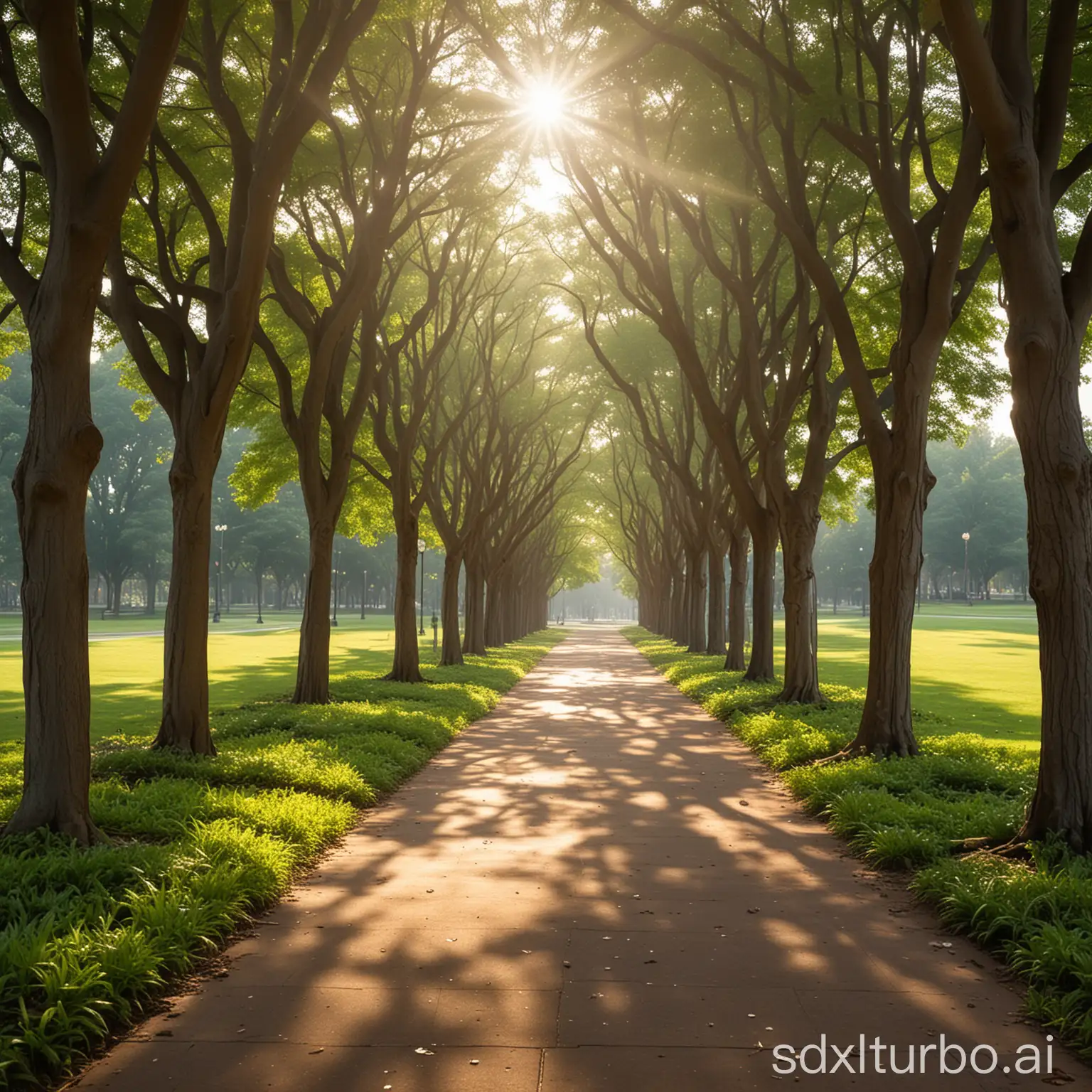 campus lawn shady path with celestial tree woods, morning light through the leaves, illuminated the shady path