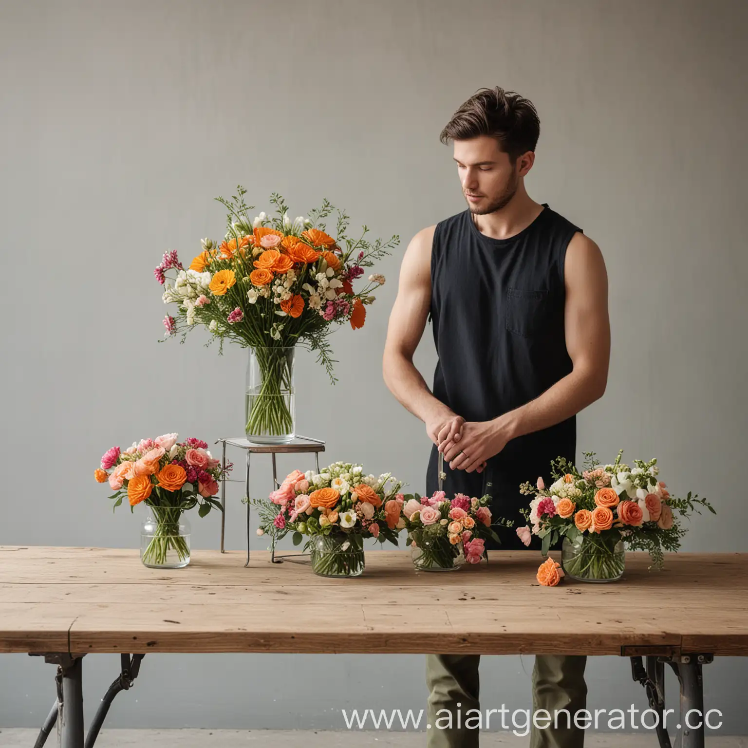 минималистичное изображение услуги "букеты и композиции" для салона флористики. должен быть изображен флорист собирающий букет за флористическим столом. вокруг него стоят баки с цветами
