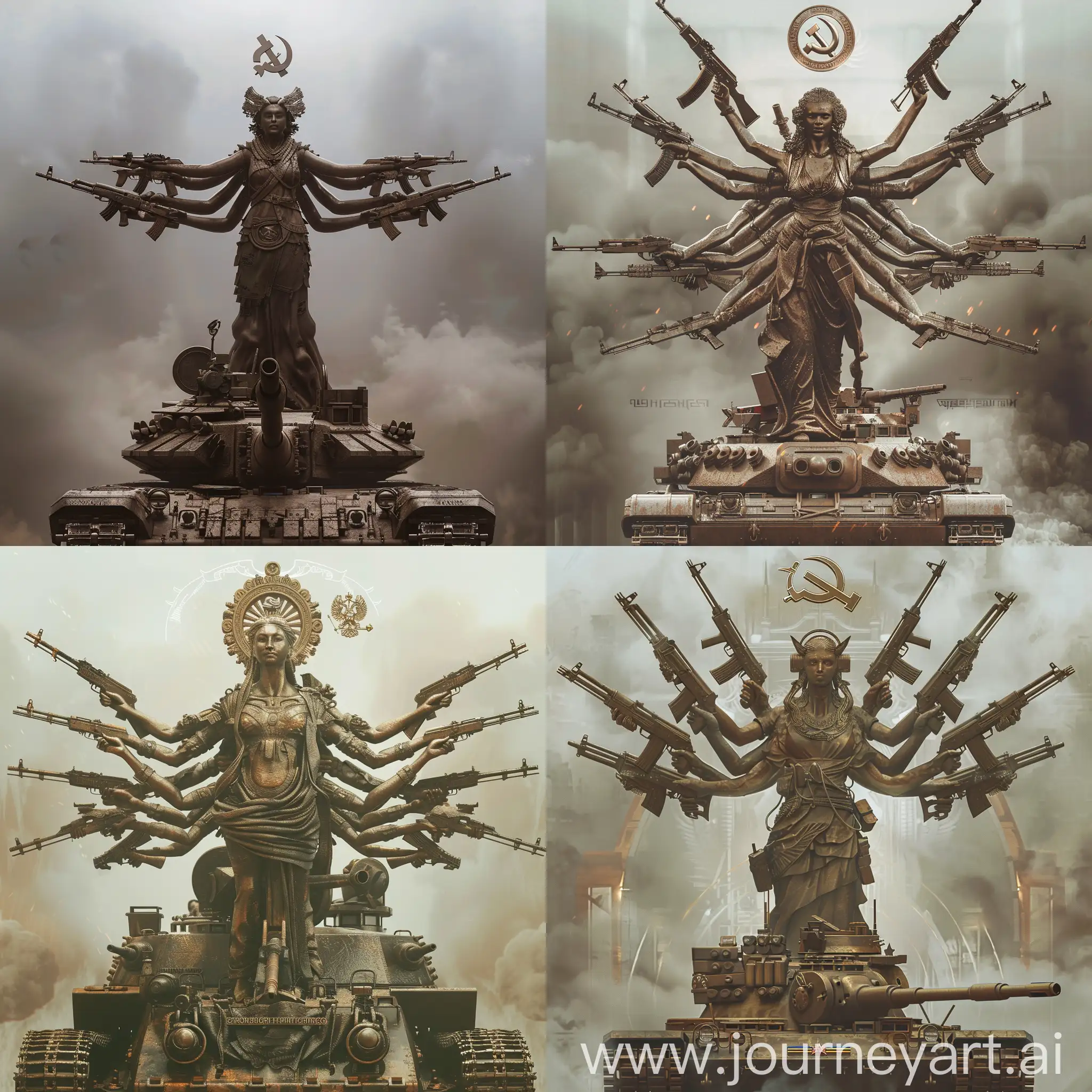 Create a surreal, imposing bronze statue of a woman with multiple arms, each arm holding a different model of assault rifle. The statue should evoke a sense of power and strength, standing atop a military tank from the Soviet era with prominent treads and details. The background should display an overcast, misty sky, creating an aura of mystery and reverence around the statue. The Soviet symbolism, including a hammer and sickle emblem, should be subtly integrated into the design, such as floating above the statue or as inscriptions on the tank or pedestal. Ensure the lighting creates a dramatic, almost divine halo effect behind the statue, enhancing its formidable and majestic presence.