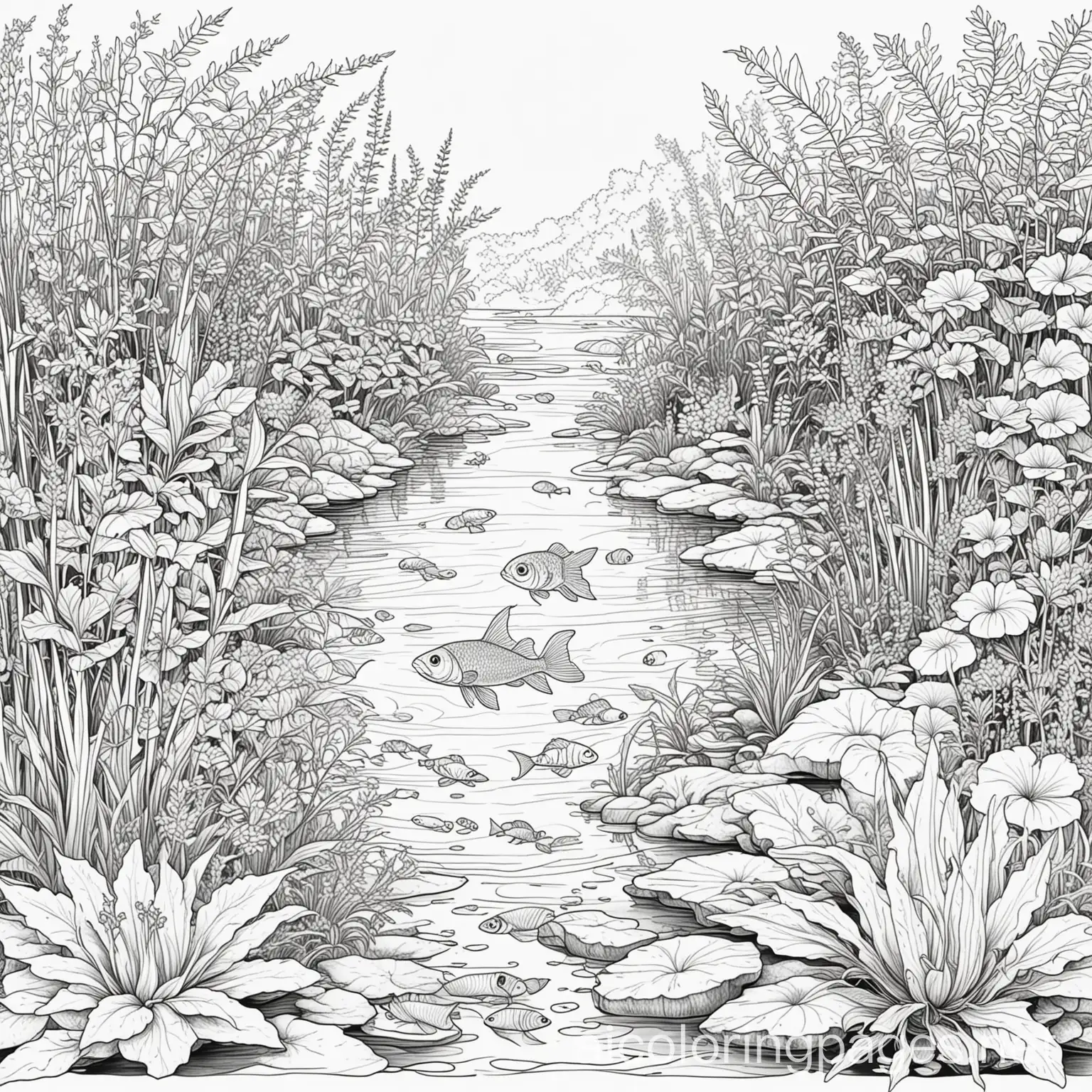 A pond inhabited by luminescent fish and surrounded by colorful, exotic plants., Coloring Page, black and white, line art, white background, Simplicity, Ample White Space. The background of the coloring page is plain white to make it easy for young children to color within the lines. The outlines of all the subjects are easy to distinguish, making it simple for kids to color without too much difficulty