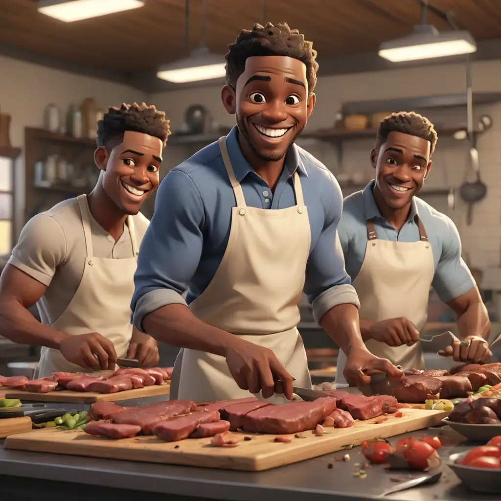 defined 3D Cartoon-style African American men preparing meat
smiling