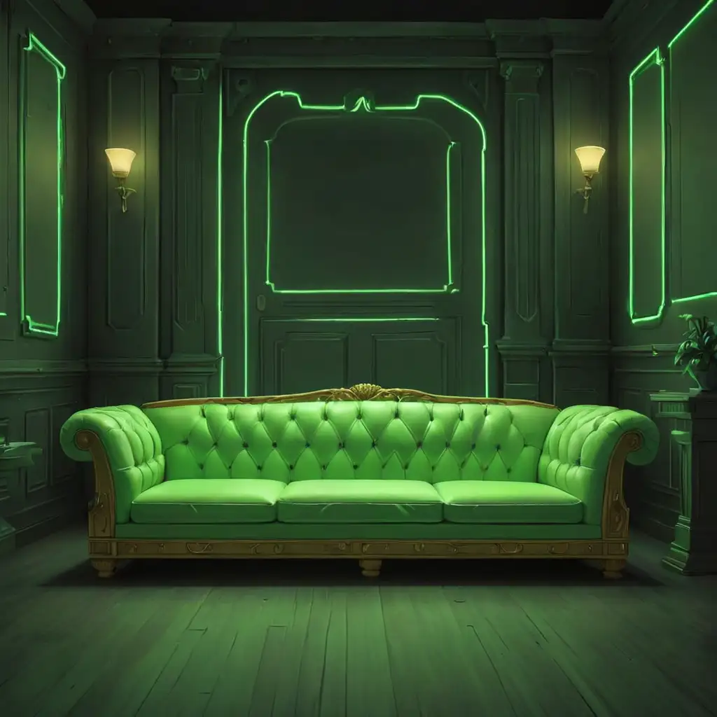 мультяшный фон с длинным диваном для жюри с зеленым неоном