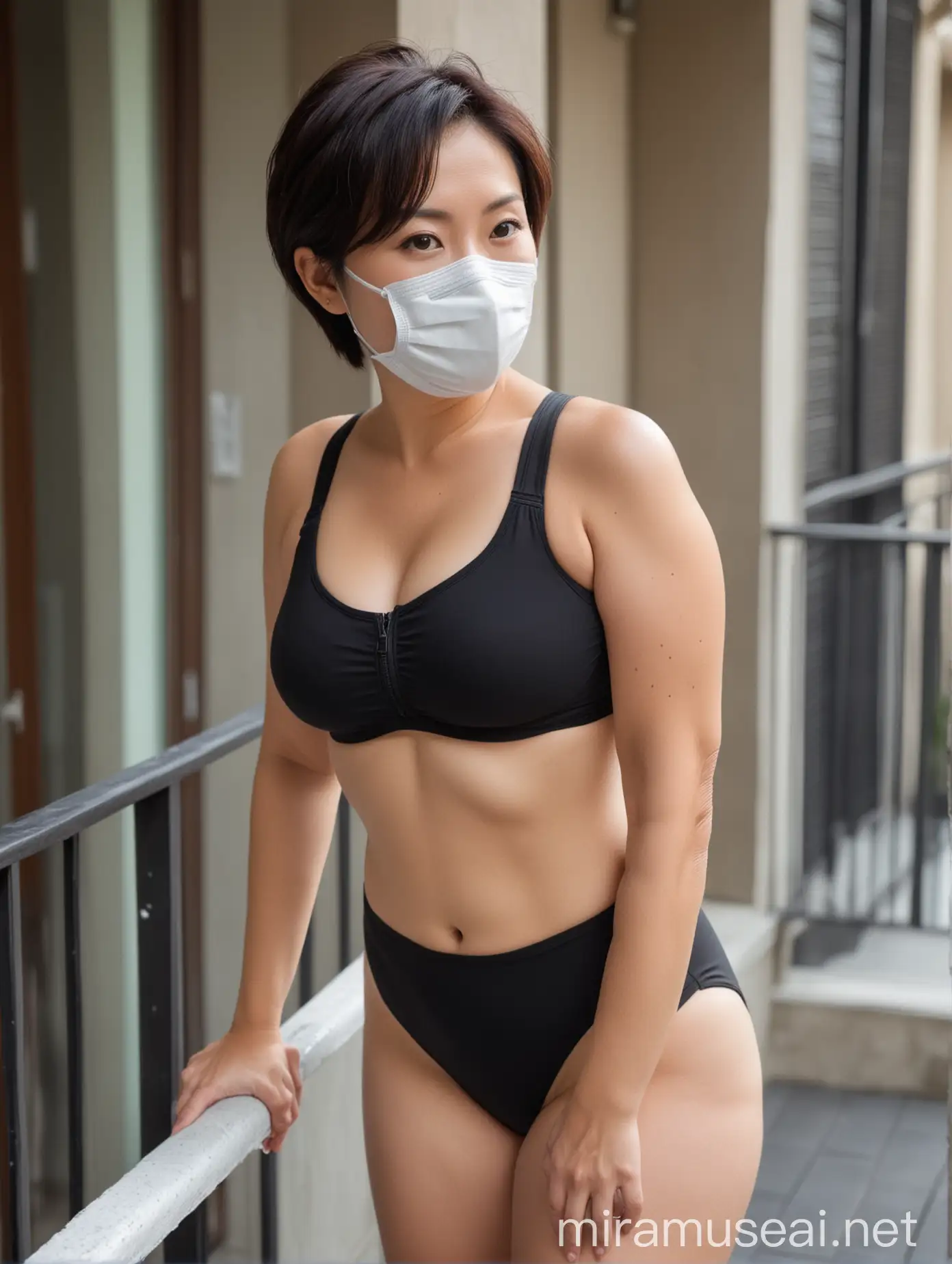 an attractive, full-bodied, buxom chinese woman in her late 30s, with short hair, with a respirator mask, leaning on a balcony railing, wearing a white with black trim padded front-zip sports bra, and french cut swimsuit bottoms