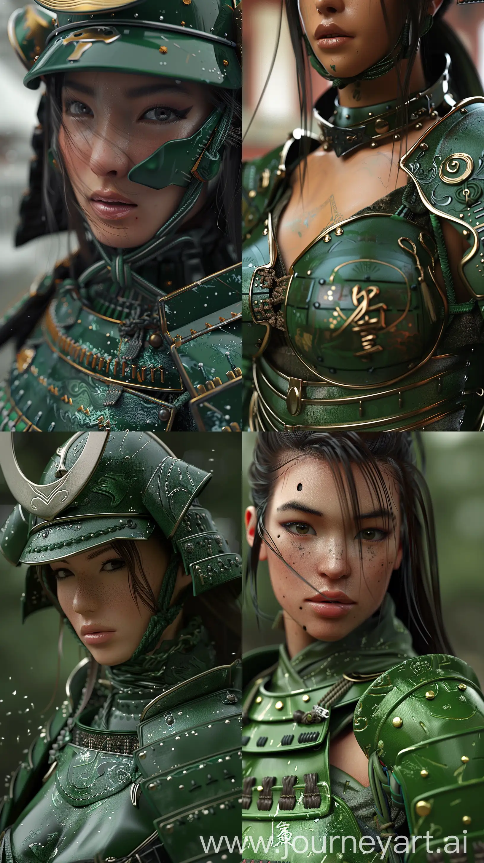 3d render, a women wearing Green samurai armours, close-up shot --ar 9:16 