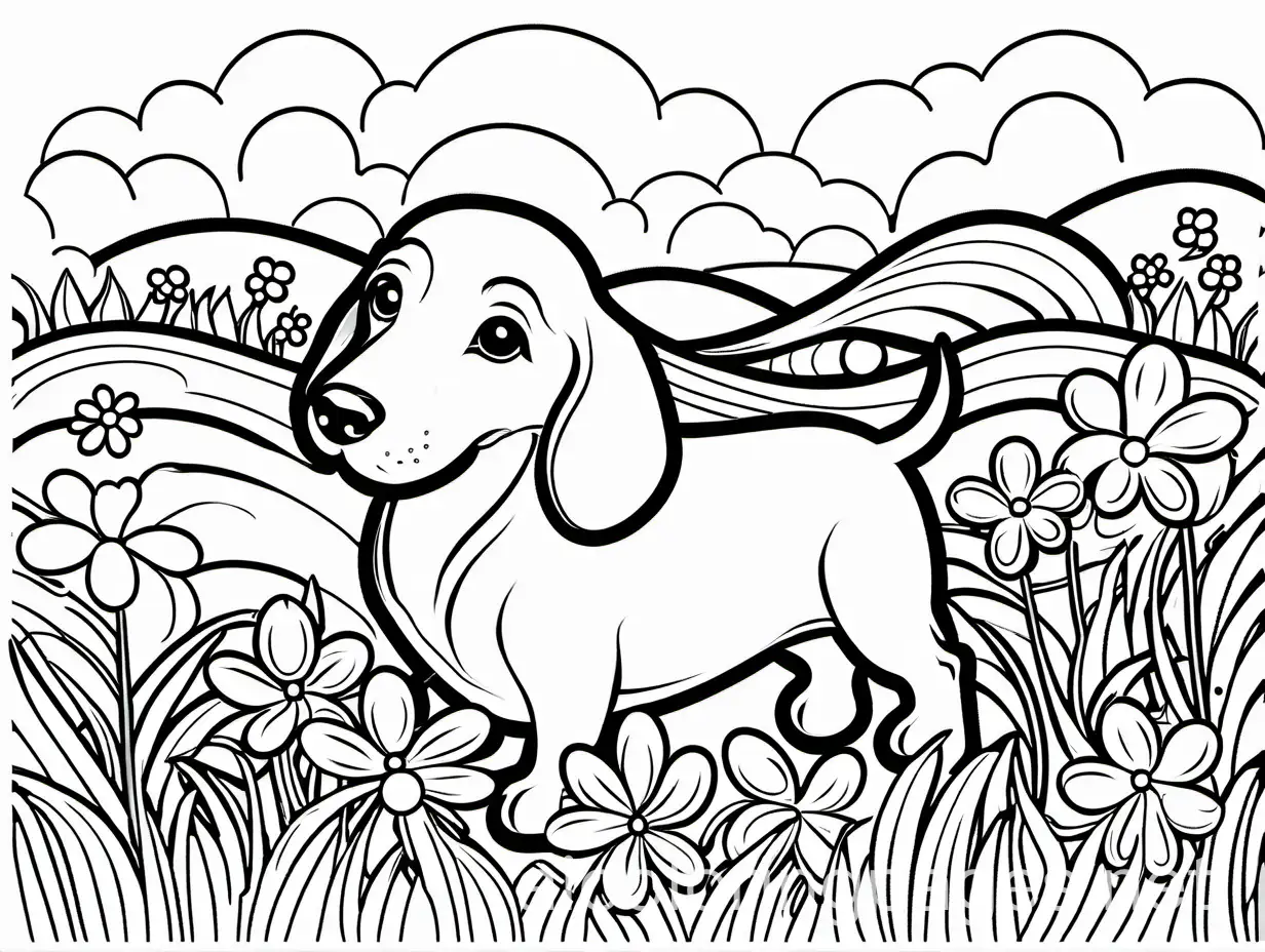 a cute black and white coloring page of a daschund playing in the grass with flowers , Coloring Page, black and white, line art, white background, Simplicity, Ample White Space. The background of the coloring page is plain white to make it easy for young children to color within the lines. The outlines of all the subjects are easy to distinguish, making it simple for kids to color without too much difficulty