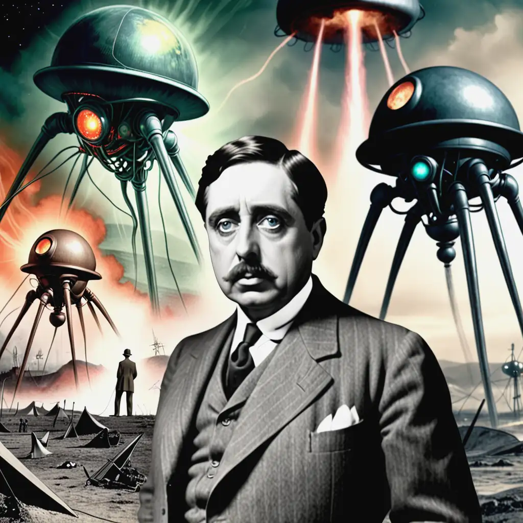 Image of H. G. Wells. The background is a scene from his novel War of the Worlds