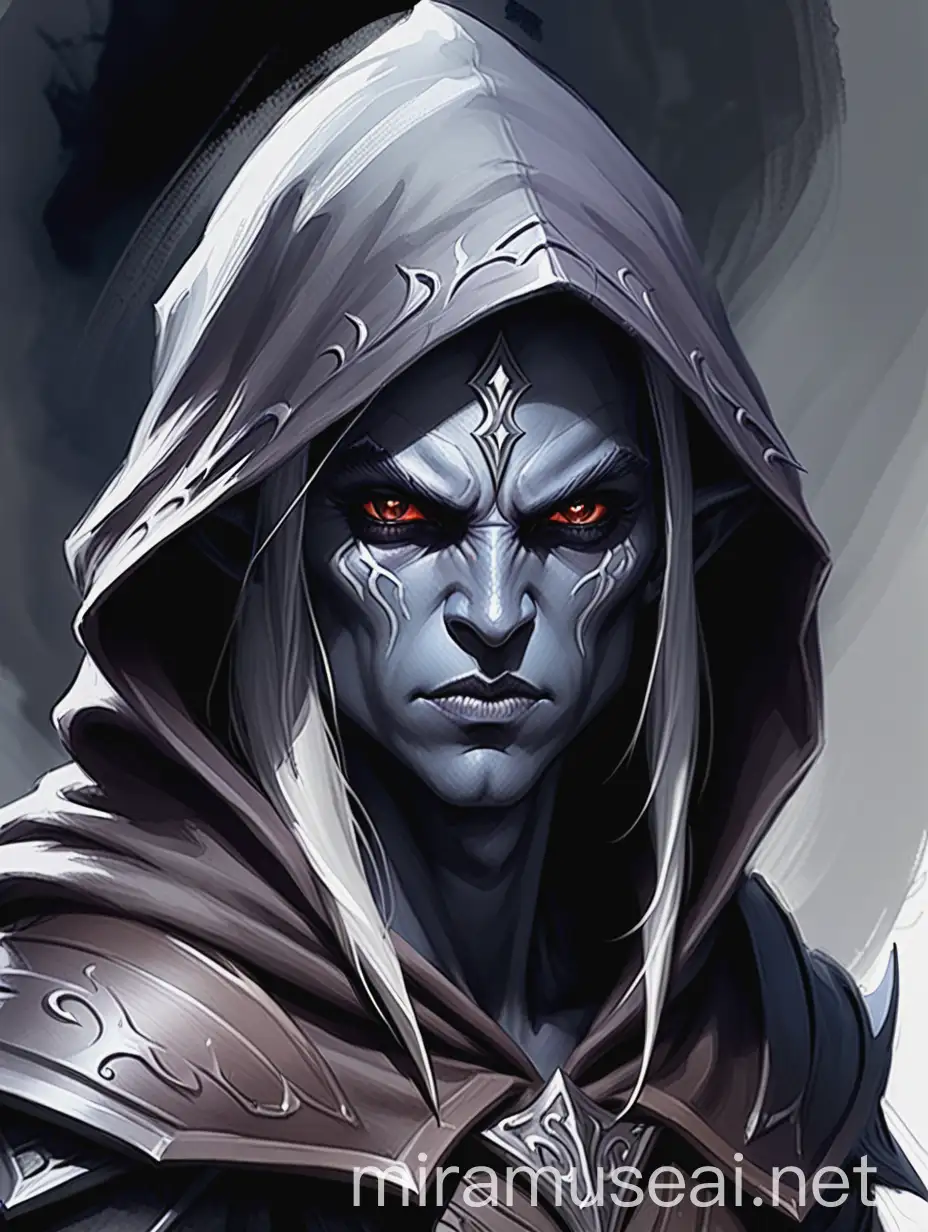 designs Fantasy Character, face of hooded monster dark elf, warrior, estilo pintura acuarela sketch,  medium close-up