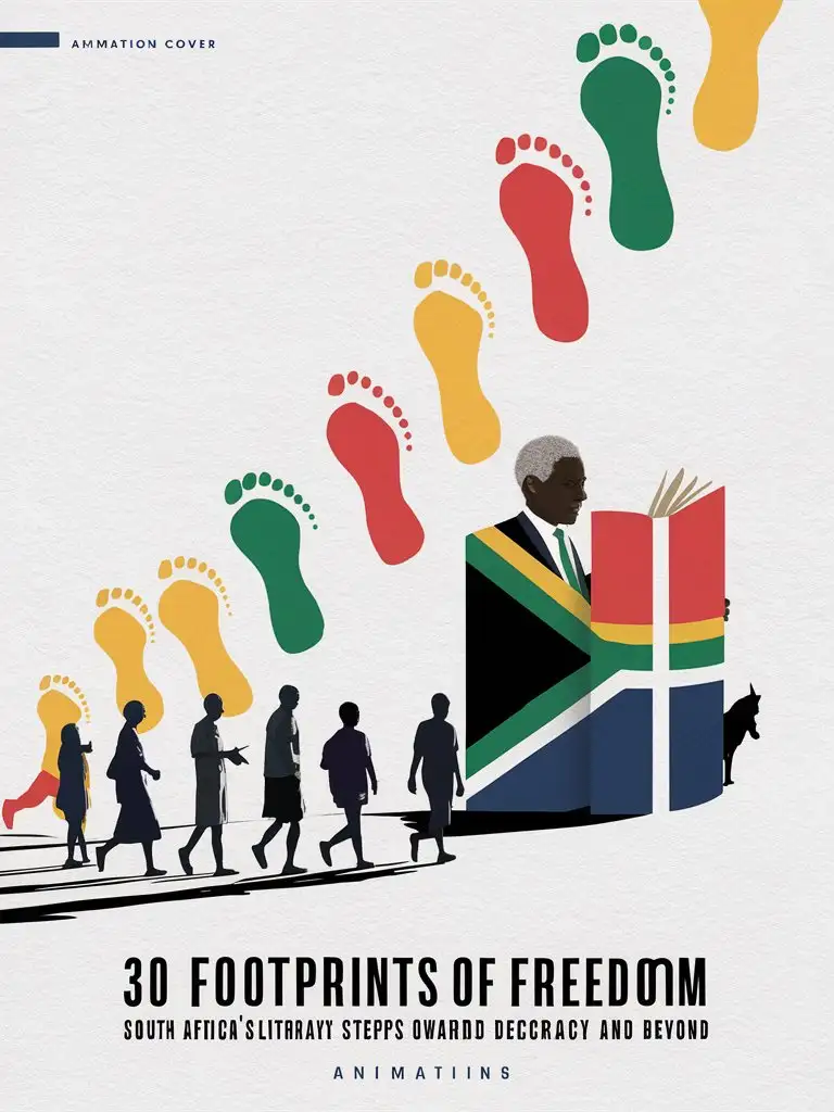 minimalistic pamphlet cover, animation that showcases a path of visible 10 large vivid human footprints, coming from Robben island to modern South Africa in upward direction to  Nelson Mandela reading a big book in South African flag  colours and liberation, others joining to read. Title "30 Footprints of Freedom: South Africa's Literary Strides Towards Democracy and Beyond" silhouettes of the rainbow nations diverse community walking towards books and literacy of liberation, white infused