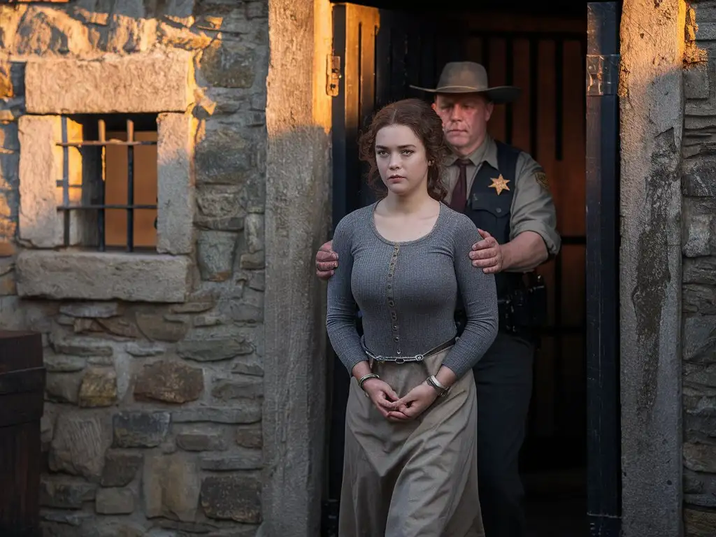 Young Woman Escorted by Sheriff from 1800s Texas Prison Cell