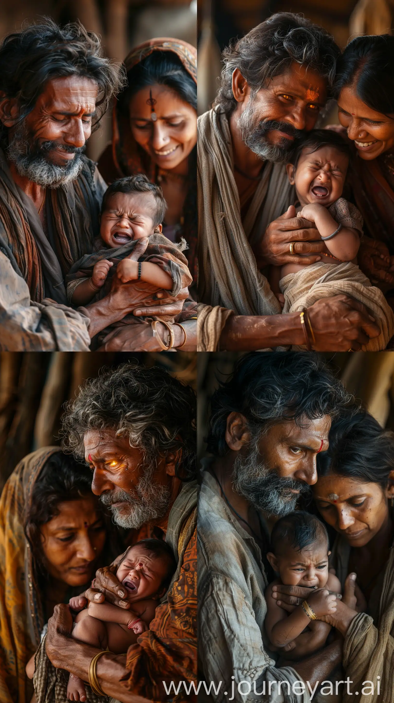 Middle-aged ancient Indian man along with his wife on his side, tenderly holding a crying newborn baby, eyes lit up, close-up, simple rural lifestyle, intricate facial details, high resolution 8k, natural light, emotional depth, serene --s 200 --ar 9:16 --v 6