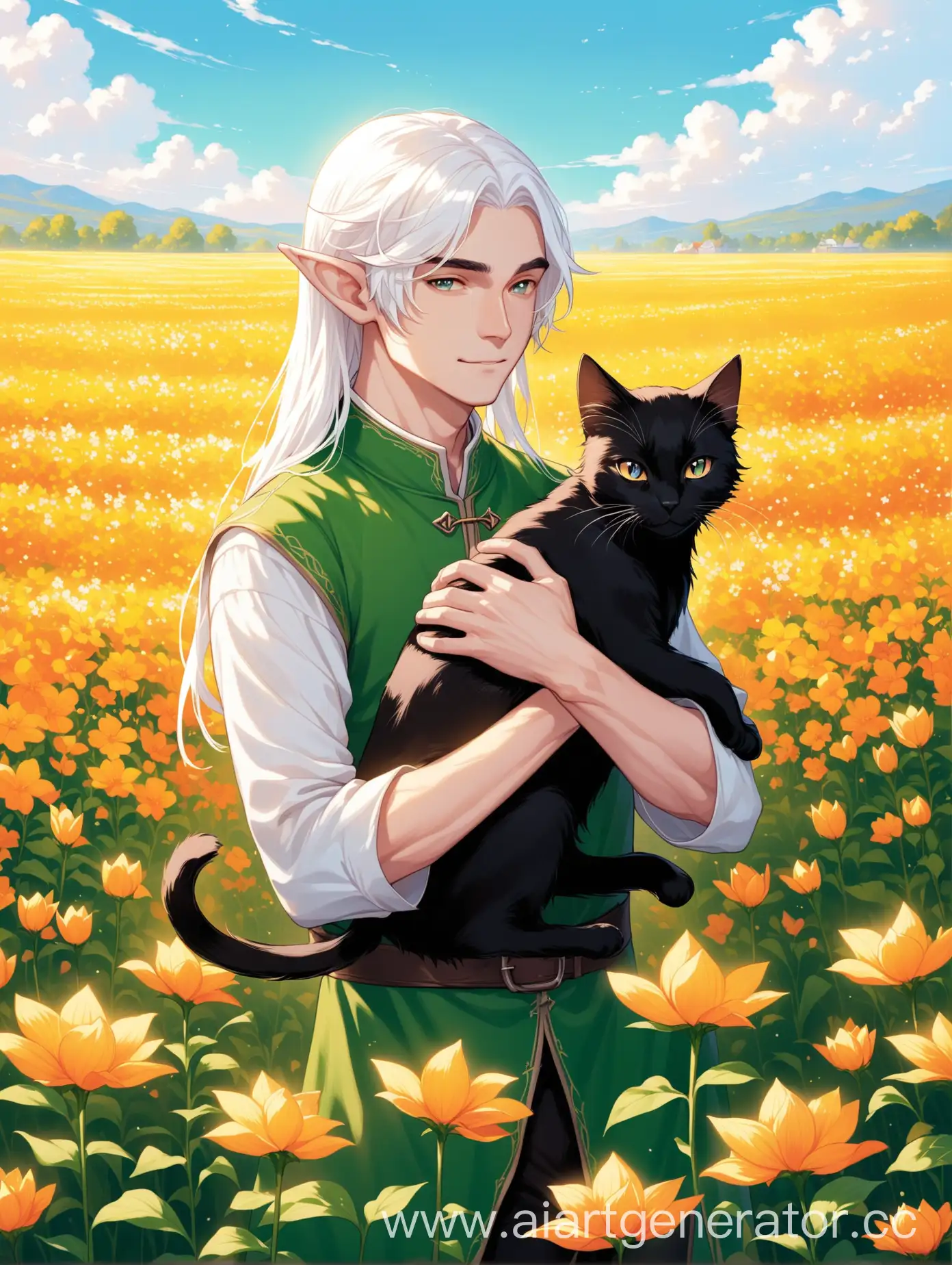 Парень эльф с длинными белыми волосами держит в руках чёрного кота на фоне цветочного поля