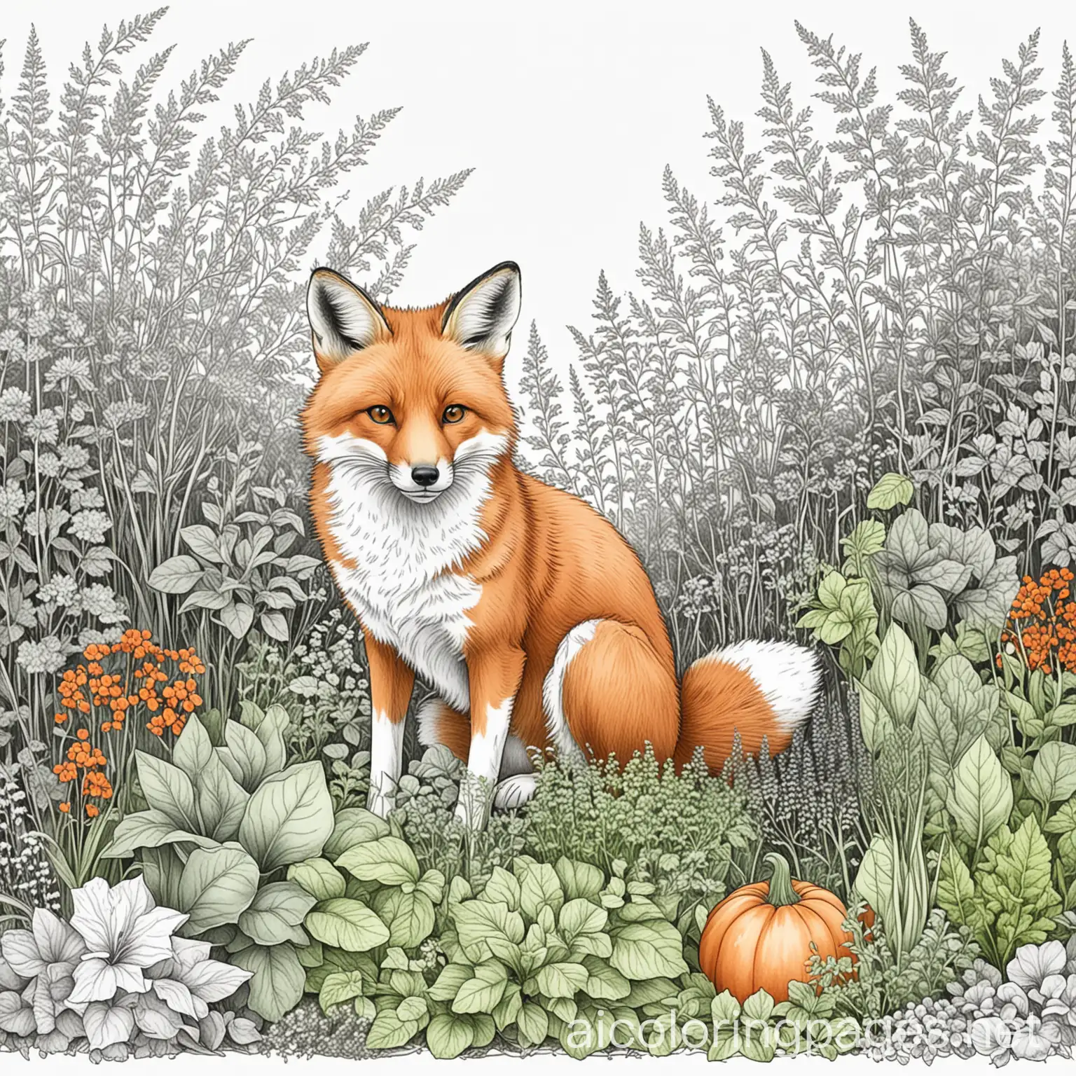 a sweet fox named BoBo sitting in a garden of herbs and vegetables, Coloring Page, black and white, line art, white background, Simplicity, Ample White Space. The background of the coloring page is plain white to make it easy for young children to color within the lines. The outlines of all the subjects are easy to distinguish, making it simple for kids to color without too much difficulty