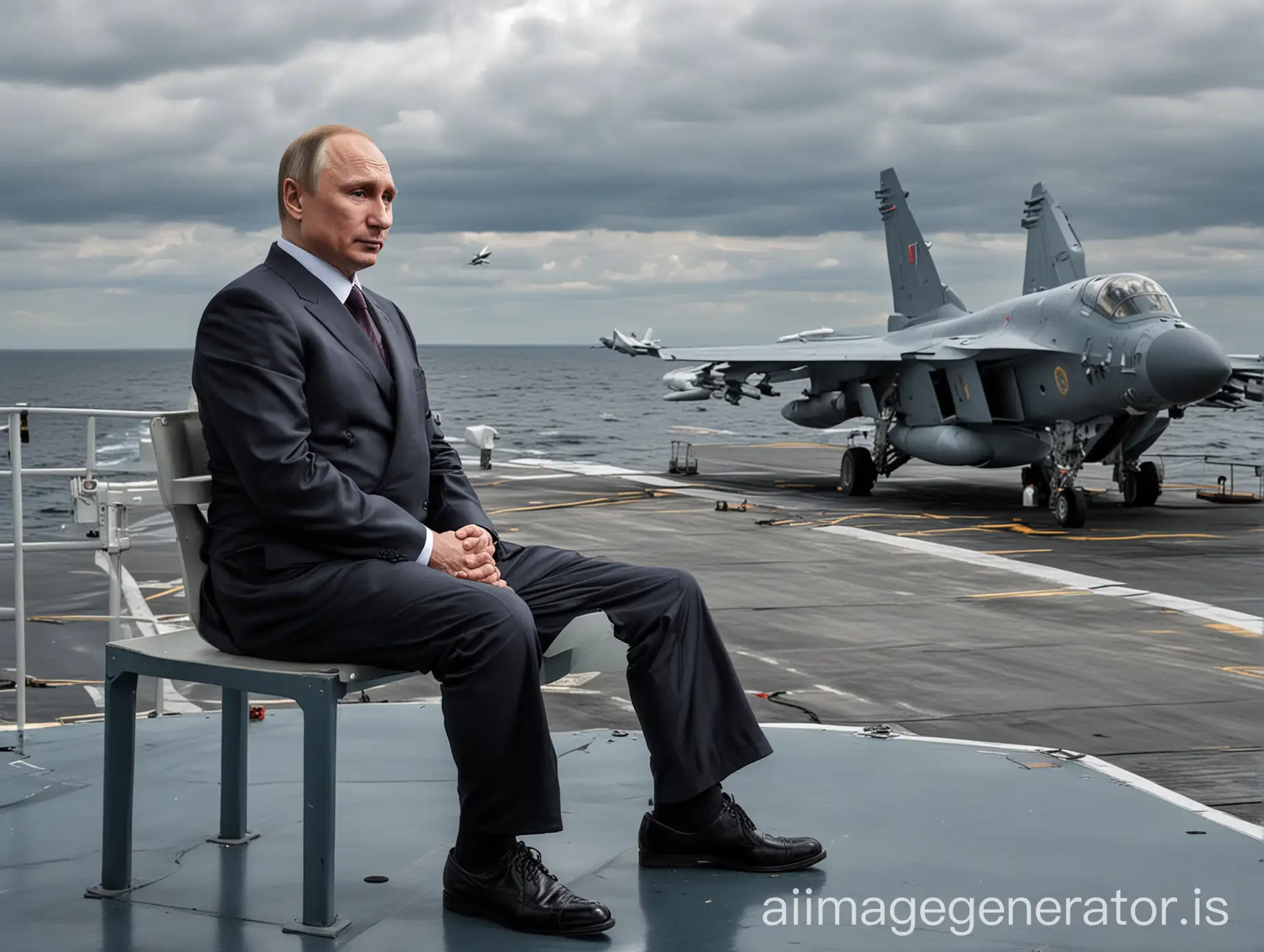 Create an image showing Russian President Vladimir Putin sitting on an aircraft carrier with a full view of the carrier visible. The deck should be populated with numerous fighter jets, showcasing the scale and power of the military equipment. The vast ocean should be the backdrop, under a clear or slightly cloudy sky. Putin should be seated prominently, exuding authority, with the entire aircraft carrier and its details clearly visible in the image.