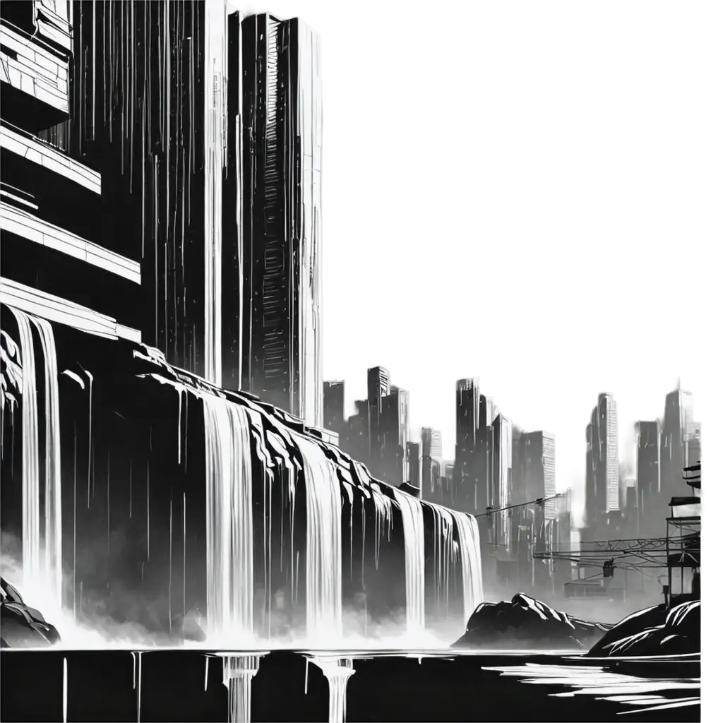 comic book style black and white cyberpunk waterfall dam city