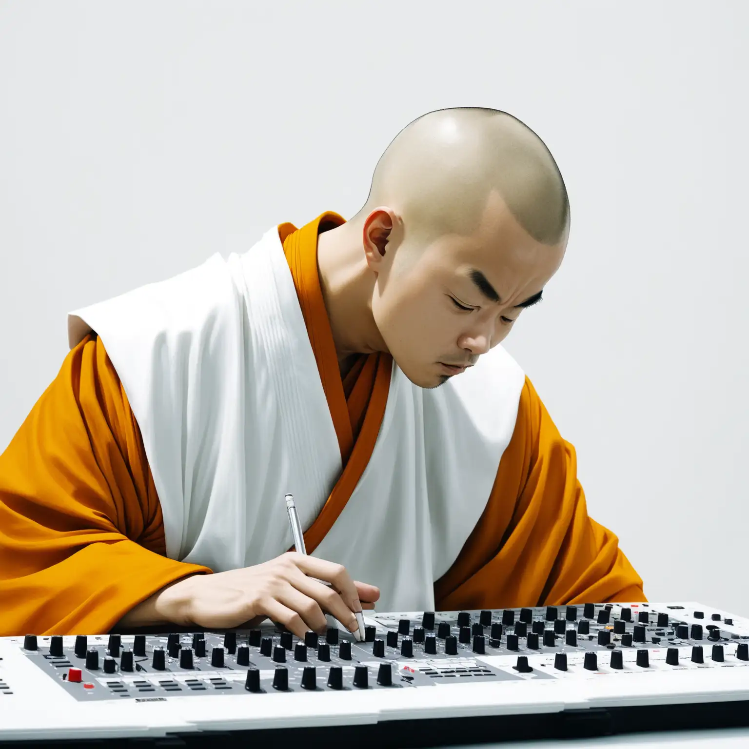 a shaolin monk dressed in pure white earnestly studying over a mixing desk in a plain white room