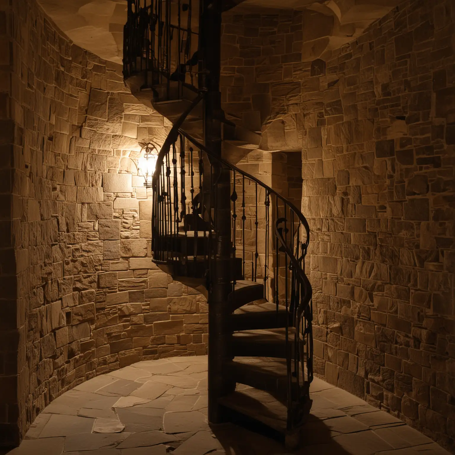 Wendeltreppe aus Stein 
im Turm, Treppenabsatz, Flur nach rechts, Rund, Dunkel, schwach beleuchtet