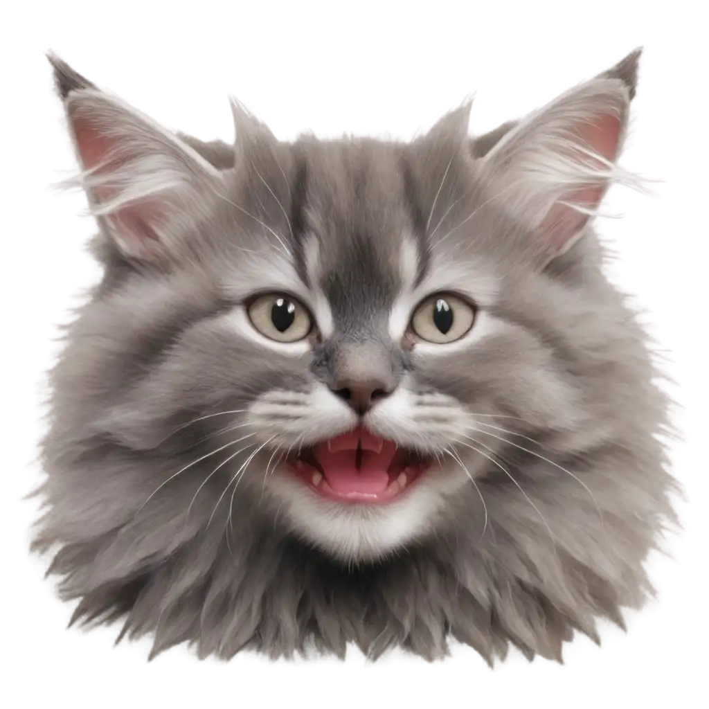 cute fluffy grey kitty smiling, photorealism
