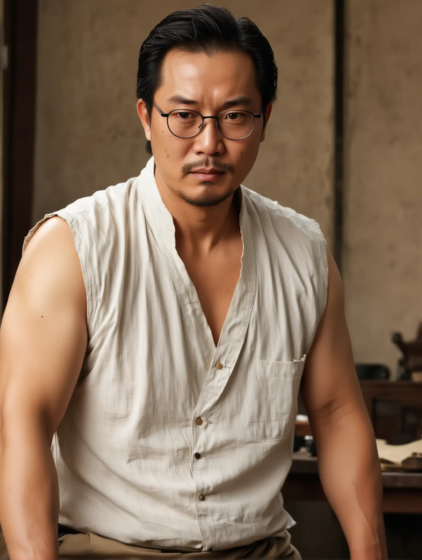 Asian face, middle-aged man, the character of 'the tailor winning brother' in the movie ‘Crouching Tiger, Hidden Dragon’, oily middle-aged man, a feeling of seeing through everything, wearing a white sleeveless shirt, a bit fat, has a beer belly, black framed glasses, a soft ruler hanging around the neck, background is a tailor shop, with a sewing machine in front
