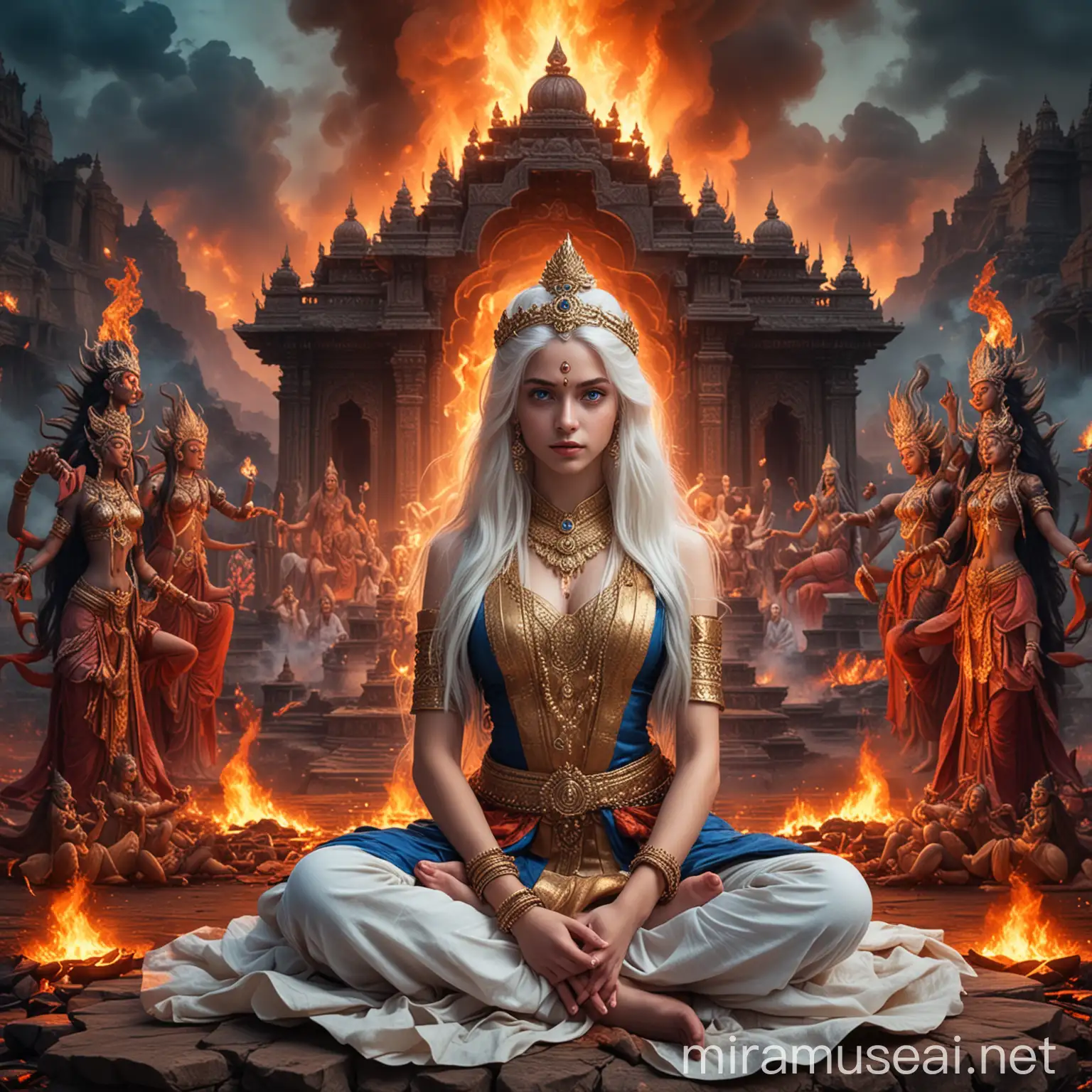 Diosa emperatriz hermosa adolescente de cabellos blancos largos y ojos azules vestida como Diosa emperatriz hindu en combate sentada en posición flor de loto rodeada de fuego y de diosas y dioses hindus demoníacas Sentadas en posición flor de loto y de fondo un gigantesco palacio hindu tenebroso y un valle tenebroso 