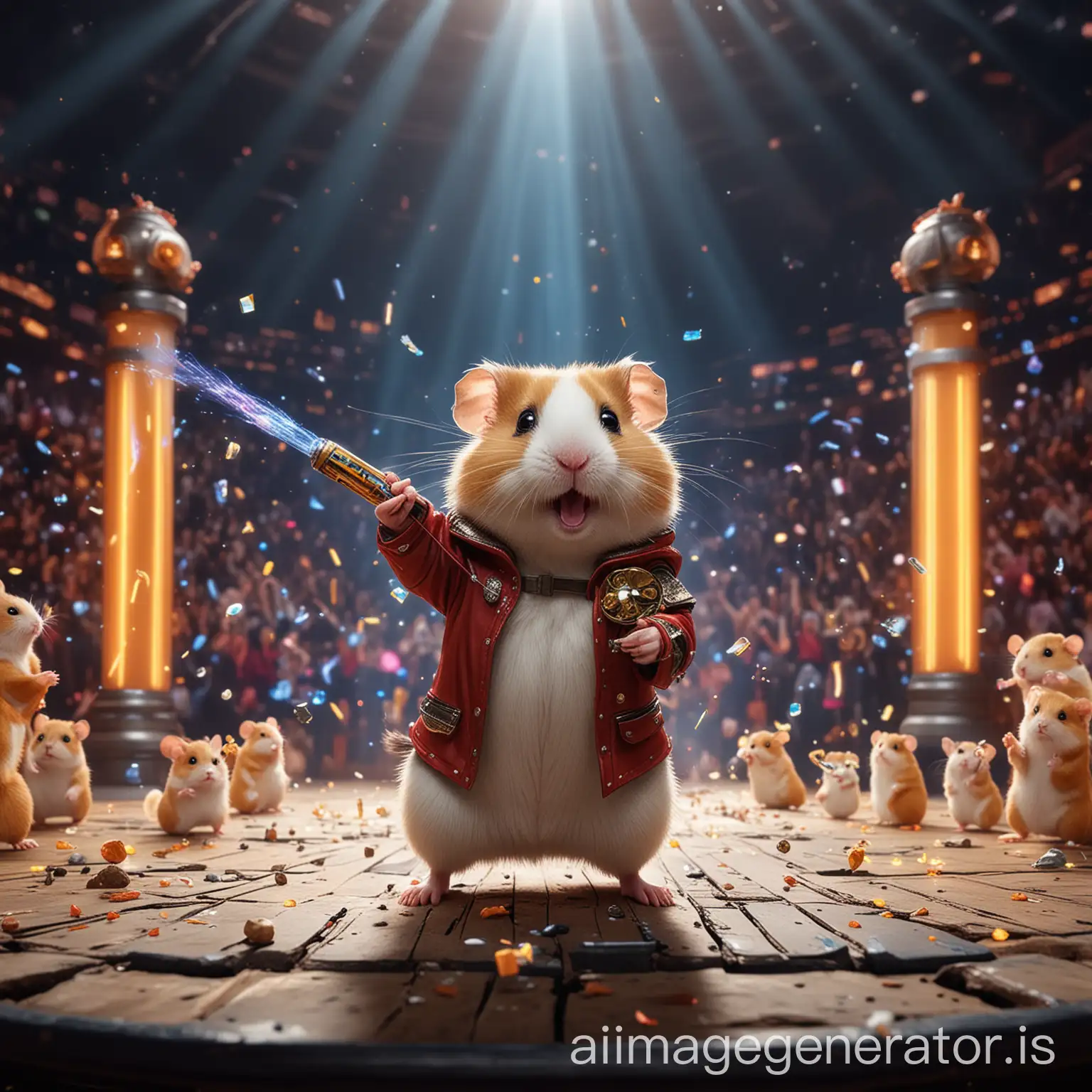 An extravagant stage design: A grand and magnificent arena with a futuristic, digital background. In the center of the stage stands an energetic and charismatic hamster artist. The hamster is dressed in shiny armor, holding a microphone in one paw and raising the other triumphantly. Bright spotlights illuminate the hamster, while the background features holographic charts and symbols representing the cryptocurrency world. The crowd is filled with enthusiastic hamsters, cheering and waving glow sticks. The atmosphere is electrifying, capturing the excitement of Hamster Kombat.