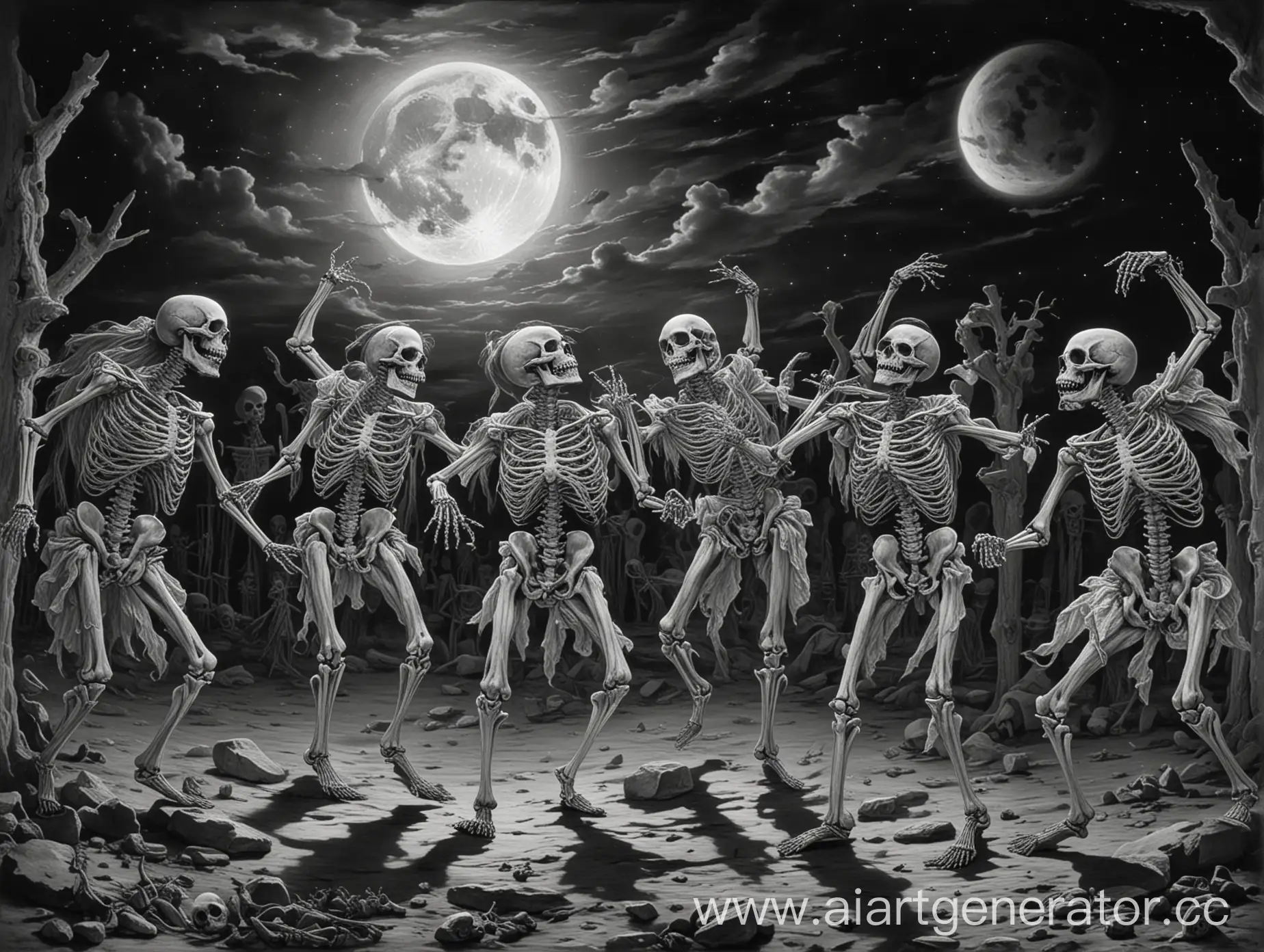 Picture, black -white, a shabash of dancing haravods, skeletons under the full moon
