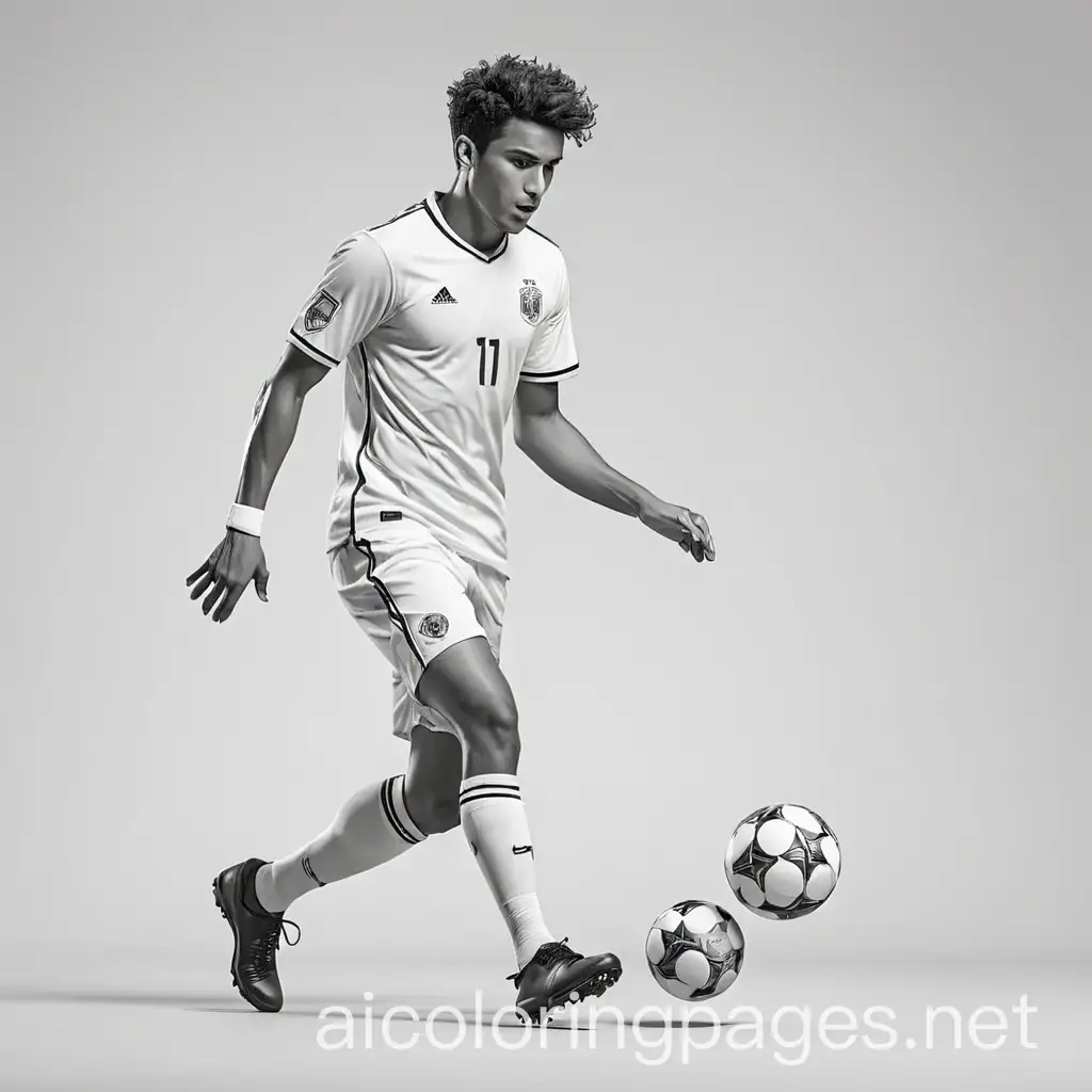 a soccer player plays ball, Coloring Page, black and white, line art, white background, Simplicity, Ample White Space