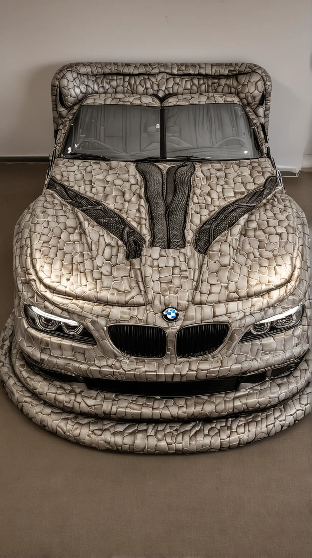 BMW car shaped double bed with headlights on and cobra snake graphics