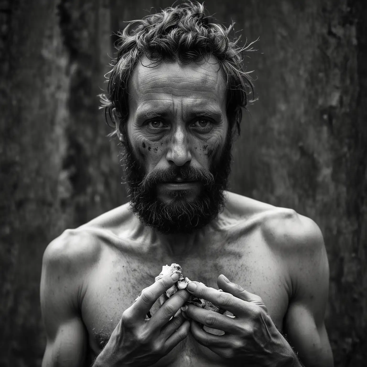 Black and white; bony homeless man with a beard; clear complexion; bare chest; holding a bone in his hand; dark circles under his eyes; neat background; neutral expression