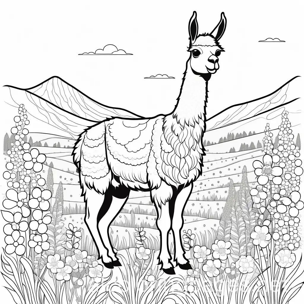 llama in a field of flowers, Coloring Page, black and white, line art, white background, Simplicity, Ample White Space. The background of the coloring page is plain white to make it easy for young children to color within the lines. The outlines of all the subjects are easy to distinguish, making it simple for kids to color without too much difficulty