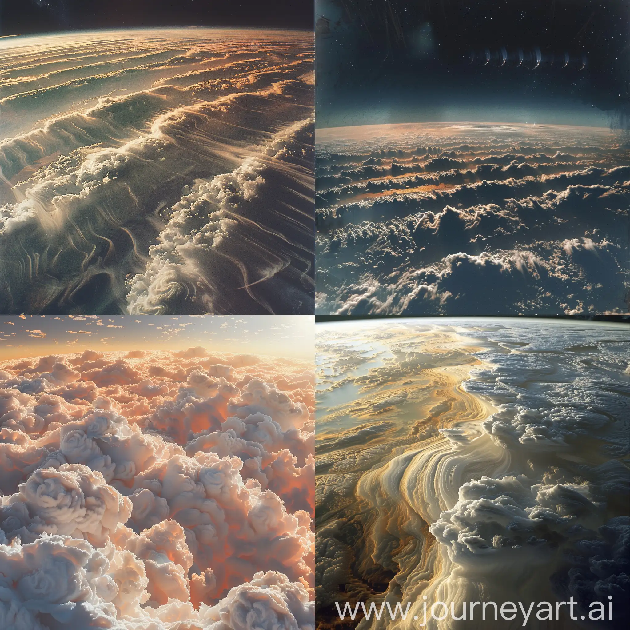 Photorealistic. A top-down view of white-orange clouds, stretching in stripes, swirls, and patterns, in a photorealistic style. The clouds have a unique appearance, not like those on Earth, and they are covered in a haze. Above, a dark azure sky faintly extends towards the horizon. The sunlight here is 27 times weaker than on Earth, resembling twilight. Otherworldly, ethereal, surreal, dreamlike, atmospheric, serene, cosmic, mystical. Inspired by the works of Alex Andreev, Simon Stålenhag, and surrealism. hyper-realistic detail, atmospheric perspective, soft lighting, subtle textures, volumetric clouds, high dynamic range, color correction