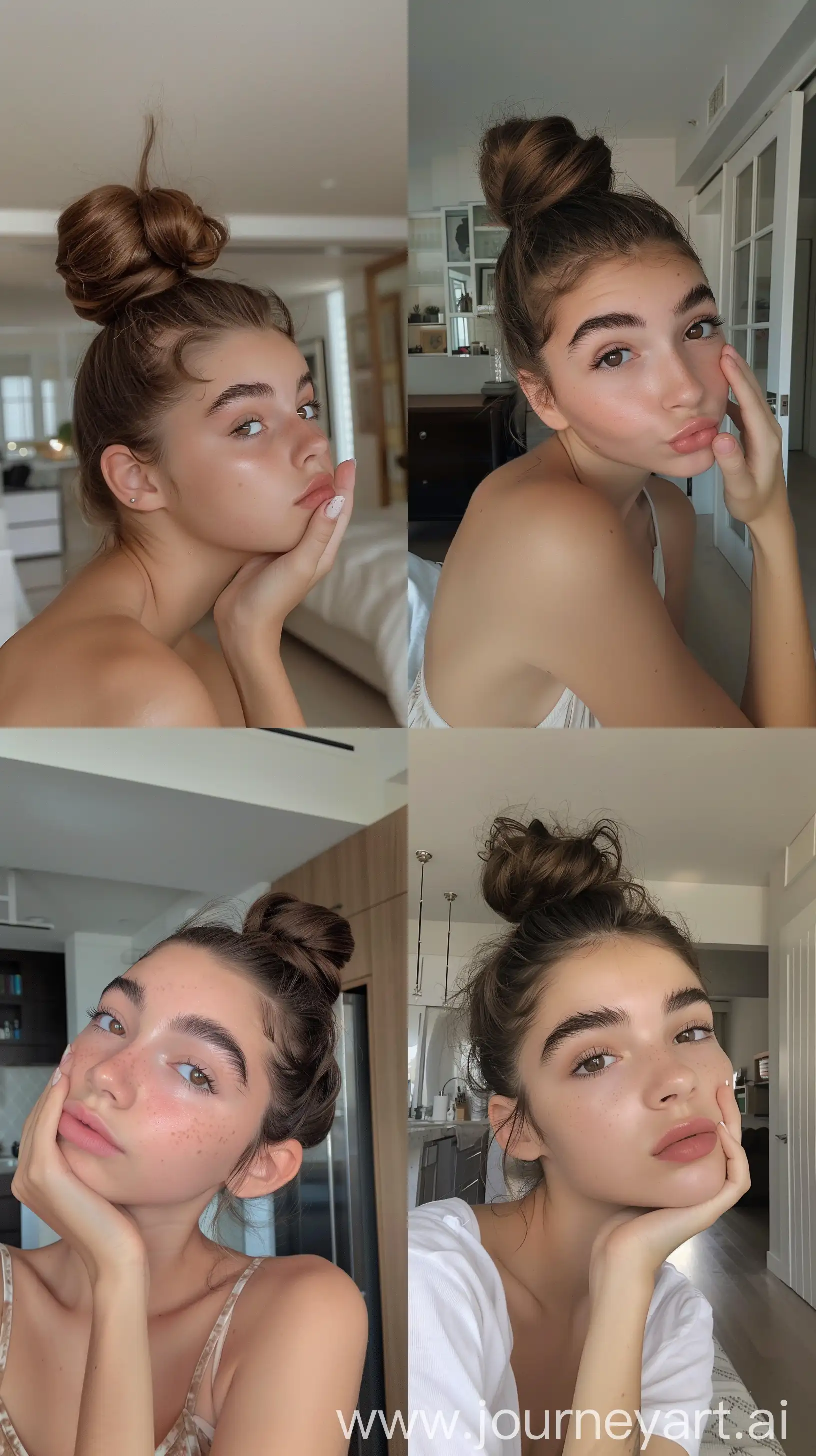 Aesthetic Instagram selfie of Haley Kalil's little sister, 15 years old, pretty, super model face, in fancy New York apartment, dense eyebrows, full hair, bun, wide set, looking up and away from camera, brown eyes, bored, throw face away in room, hand on cheek, perfectly manicured --ar 9:16