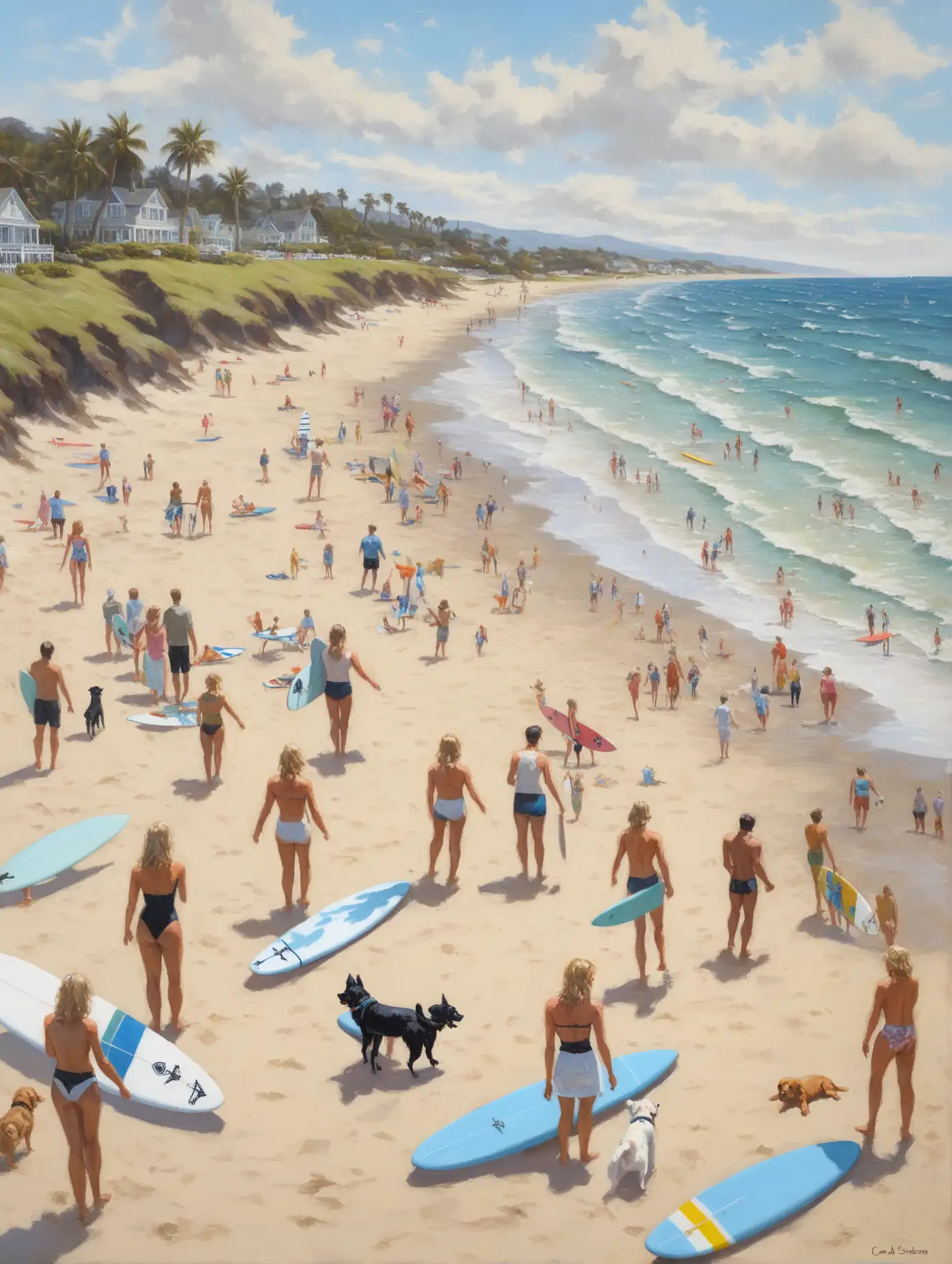 Figurative-Art-People-with-Surfboards-and-Dog-on-Beach