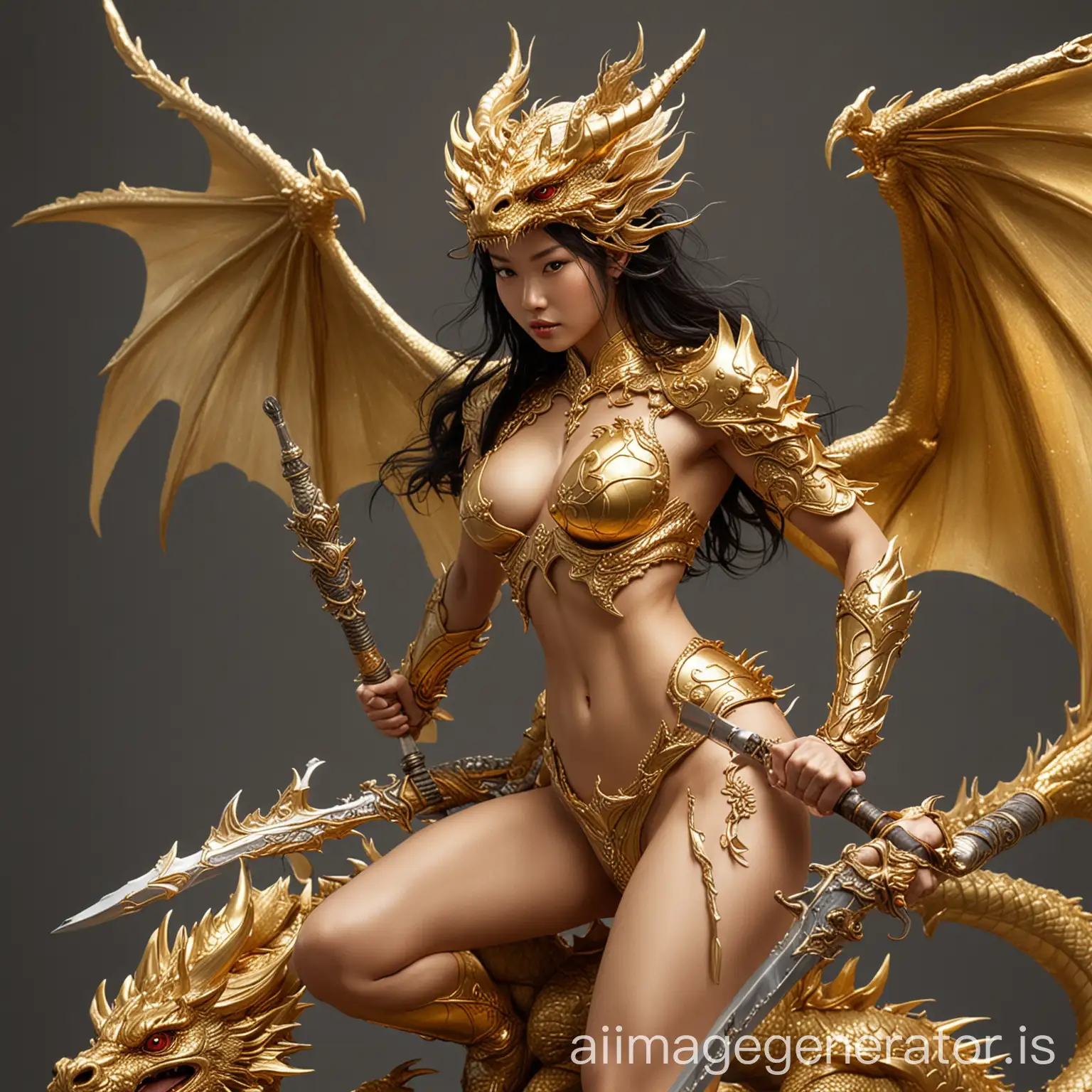 Gold Dragon With Asian Queen in Epic Fantasy Scene | AI Image Generator