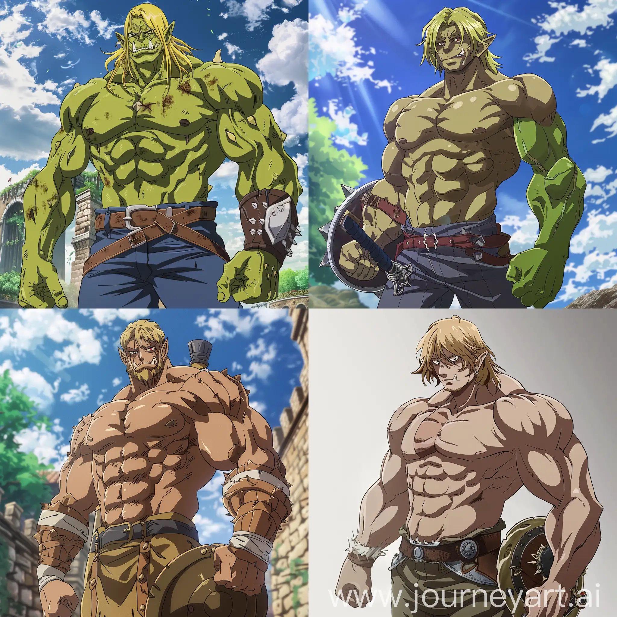 A muscular Escanor from the anime Seven Deadly Sins, but an orc. Without a weapon, with a buckler