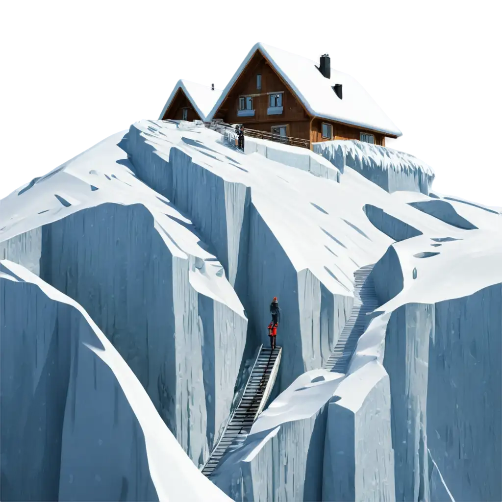 Climber on the ice mountain with beautiful house
