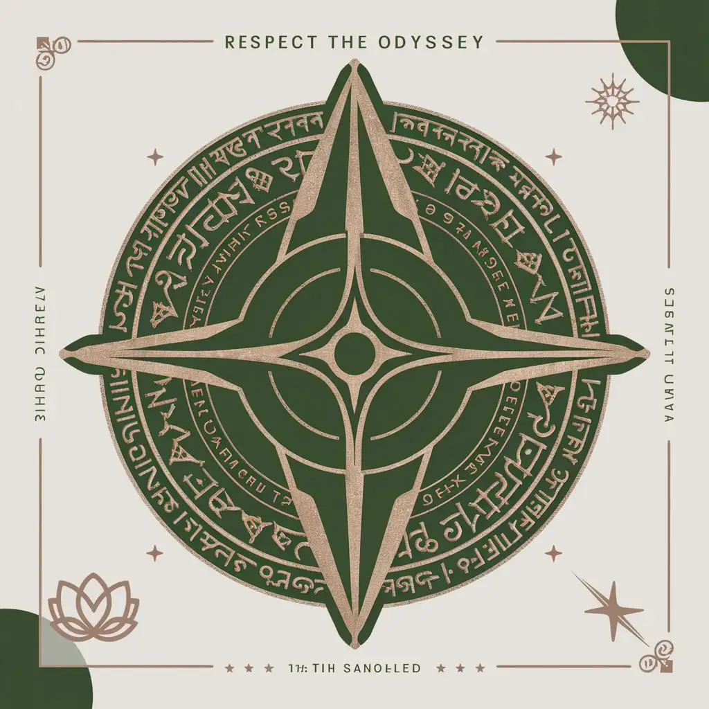 a logo design,with the text "Respect the odyssey", main symbol:a logo design,with the text 'Respect the odyssey', main symbol: Symbolic Elements: A smaller, simplified version of the Vimana symbol placed at the upper center. Around it, a circular pattern of ancient Sanskrit text or symbols, giving the impression of an ancient seal or emblem. Color Scheme: The back should maintain the emerald green base with gold accents. The circular pattern in a lighter shade of green or white to contrast subtly with the background. An embroidered patch of a lotus flower in gold, symbolizing purity and connection to Indian heritage. The other sleeve can have a small, minimalist icon of a star, also in gold, representing the celestial theme.,complex,clear background,complex,clear background