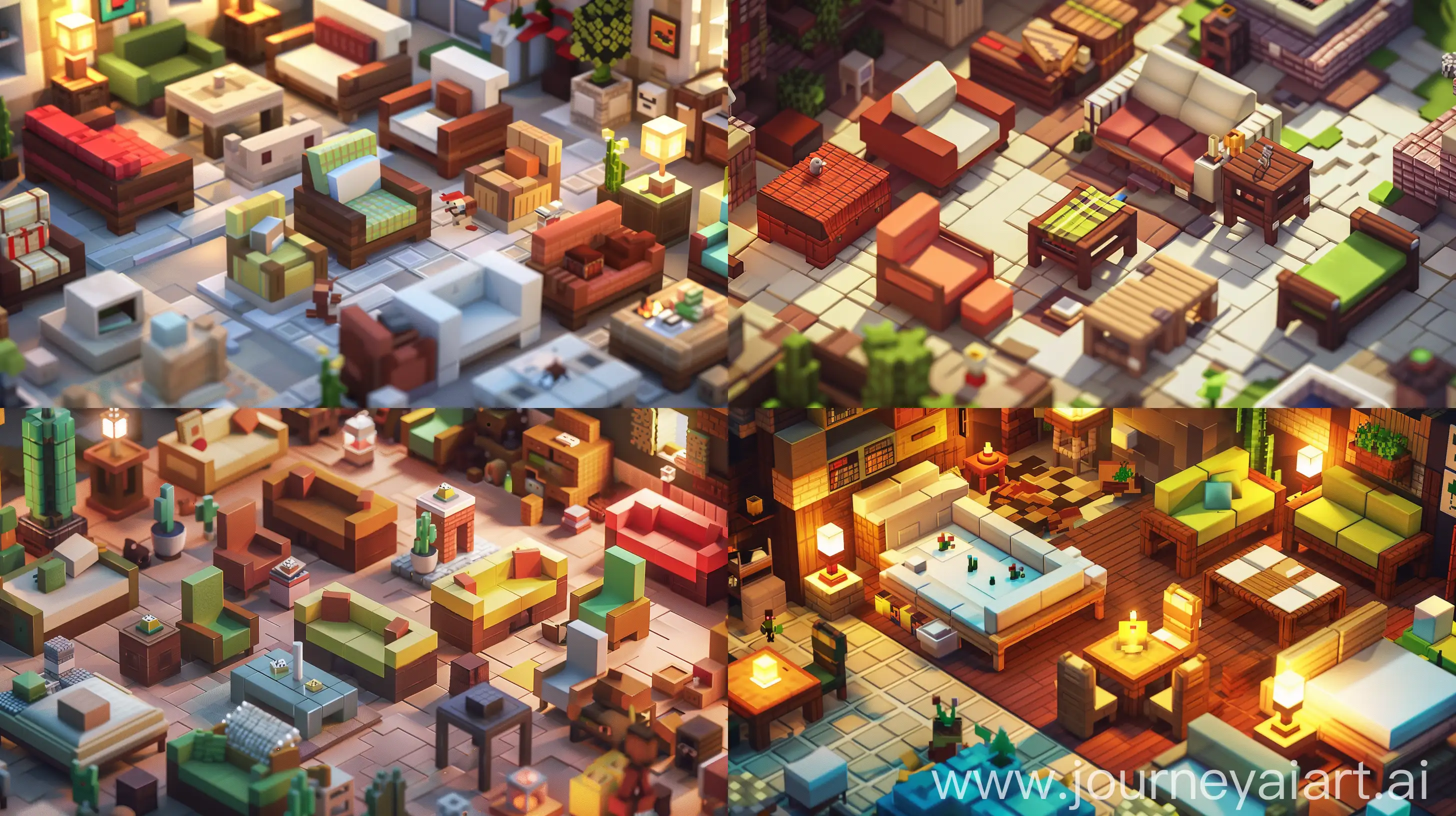 An intricate digital artwork depicting various furniture mods in Minecraft 1.16.5, seamlessly integrated into a cozy interior setting within the game. The illustration showcases a variety of furniture pieces, including chairs, tables, sofas, beds, and decorative items, meticulously crafted to enhance the virtual living space. Each furniture item is rendered with meticulous detail, highlighting its unique design and functionality. The composition emphasizes the seamless integration of these mods into the Minecraft environment, enhancing the player's experience of customizing their virtual home. Soft, ambient lighting casts gentle shadows, adding depth and realism to the scene, while the vibrant colors of the furniture pieces pop against the background. The illustration invites viewers to immerse themselves in the world of Minecraft and explore the endless possibilities of furniture customization within the game. --ar 16:9 