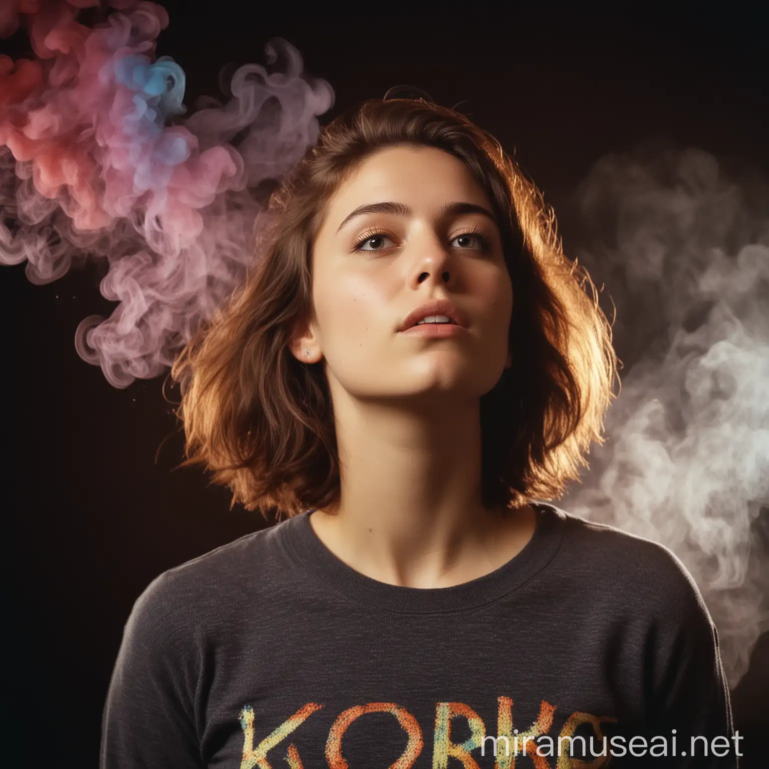 Contemplative Young Woman in Casual Attire Surrounded by Colorful Smoke on Noir Background