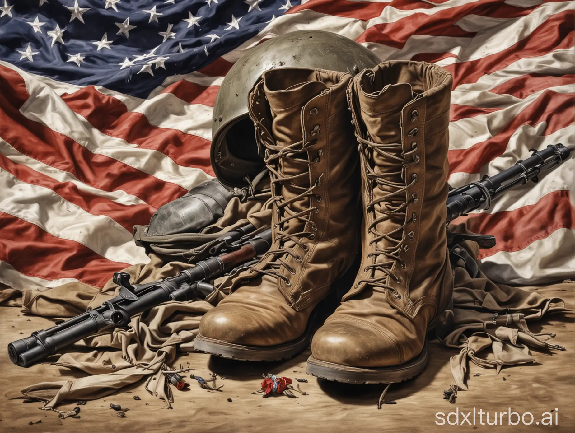 An illustration depicting a soldier's boots, rifle, and helmet arranged in a solemn tribute, with the American flag draped over them.