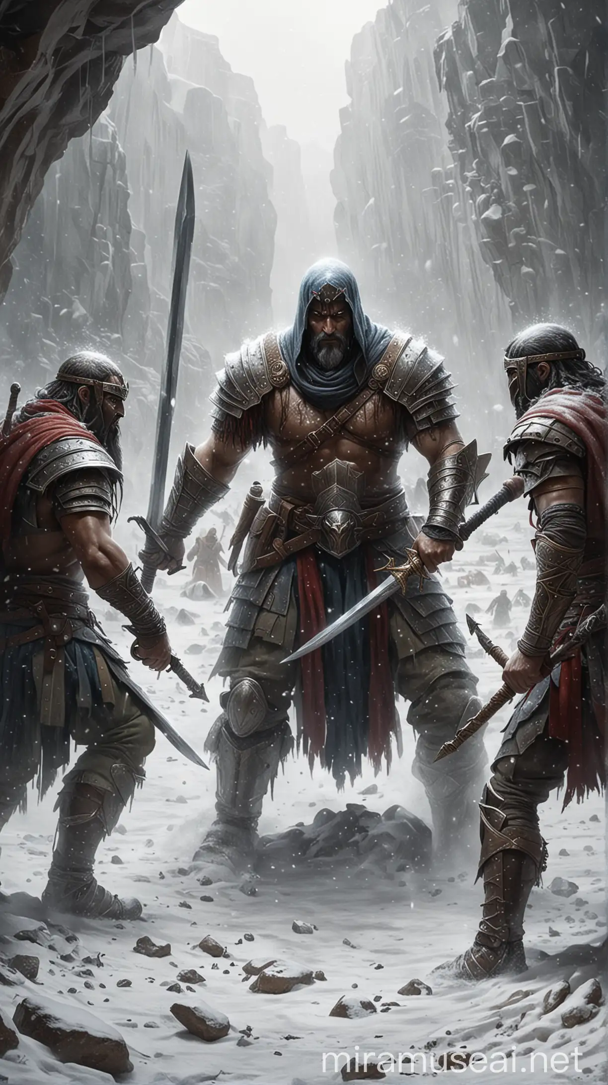 Prompt: Create an image depicting Benaiah facing two Moabite champions in combat within a snowy pit.