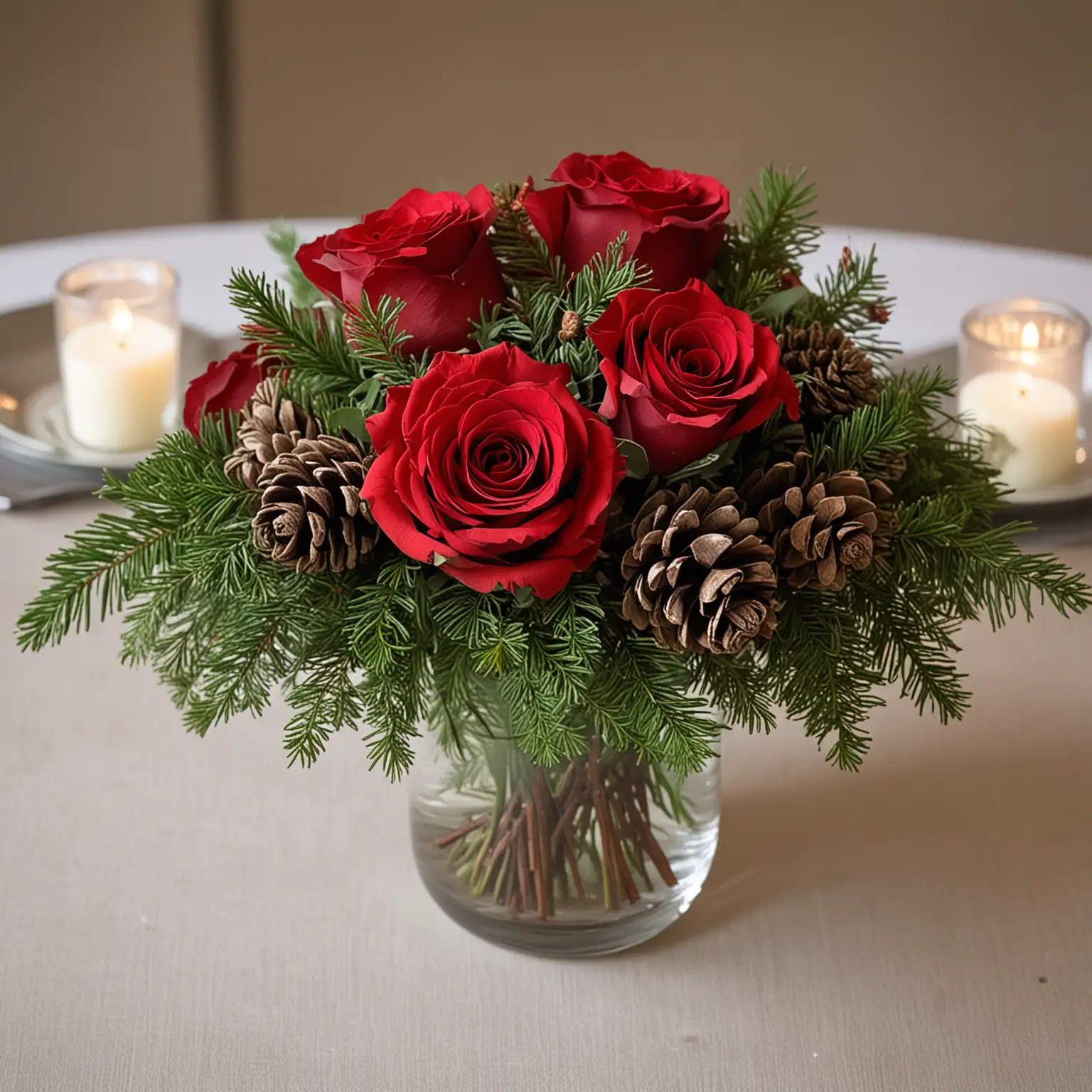 simple elegant wedding centerpiece with red roses for a winter wedding using evergreen and pinecones