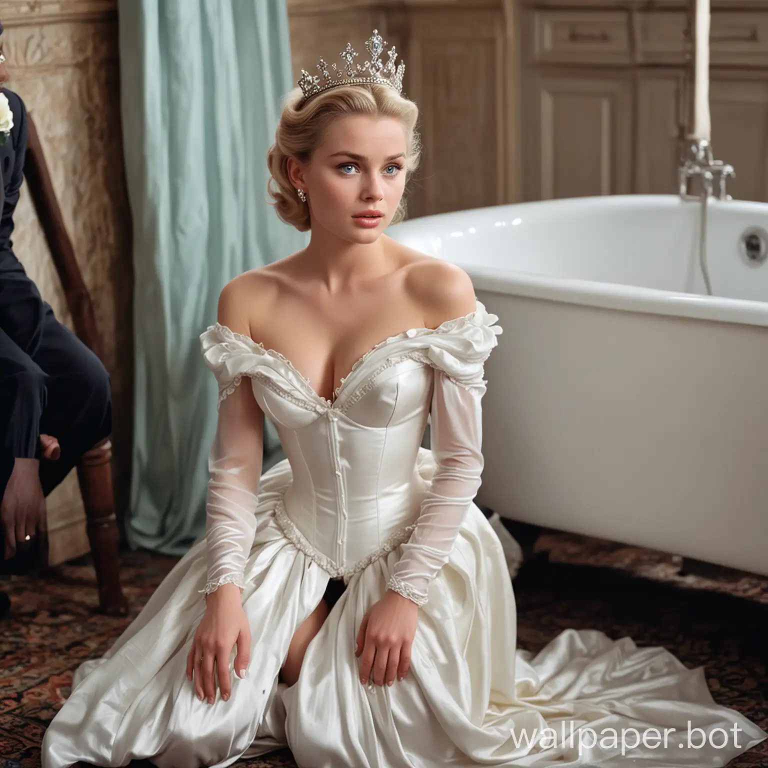 In men's public dirty toilet white sad beautiful blue-eyed blonde slim young actress Grace Kelly in crown on her knees in white silk off-shoulder sleeveless dress, white silk push-up corset, white silk opera length gloves. disgust on her face. white Queen Grace Kelly in crown beg on her knees in front of standed two black afro male dirty hobos tramps with their pants down. Queen's mouth open extra wide. view from above