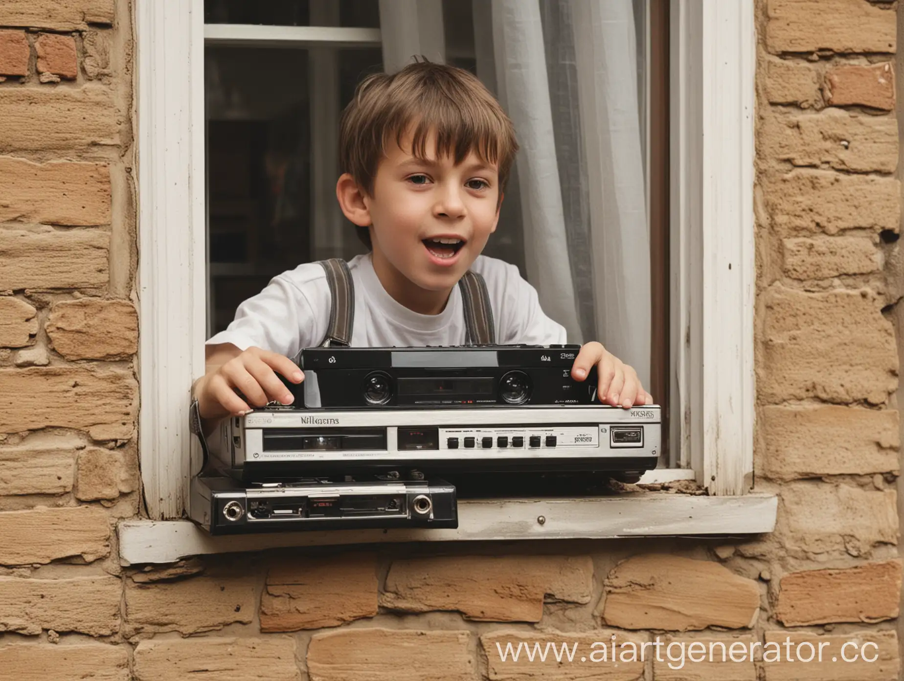 Восьмилетний Брат с двух-кассетным магнитофоном на подоконнике выглядывает на улицу из окна деревенского дома делает вид что он диджей качает руками