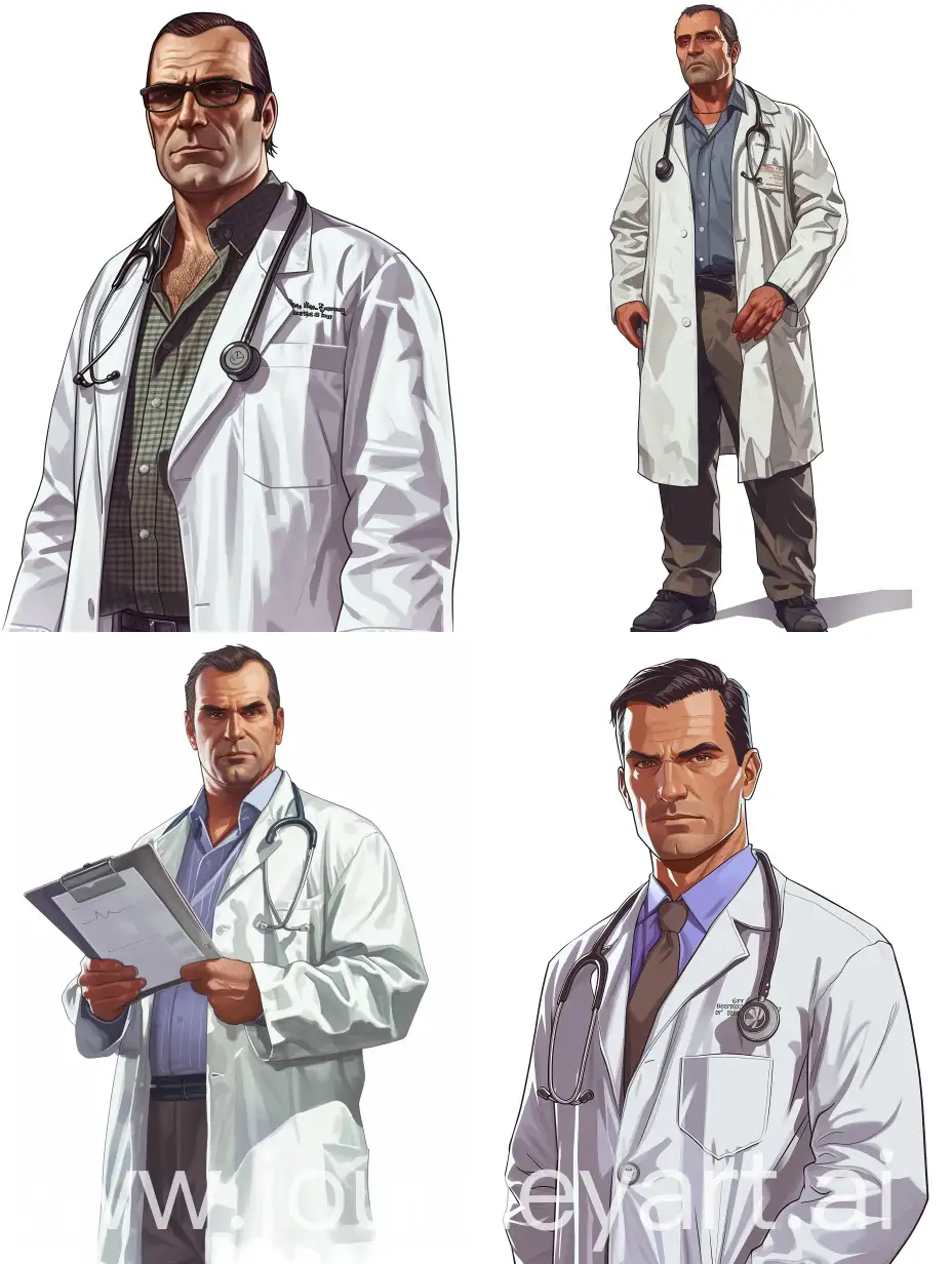 Draw a doctor in the style of the GTA 5 computer game, white background