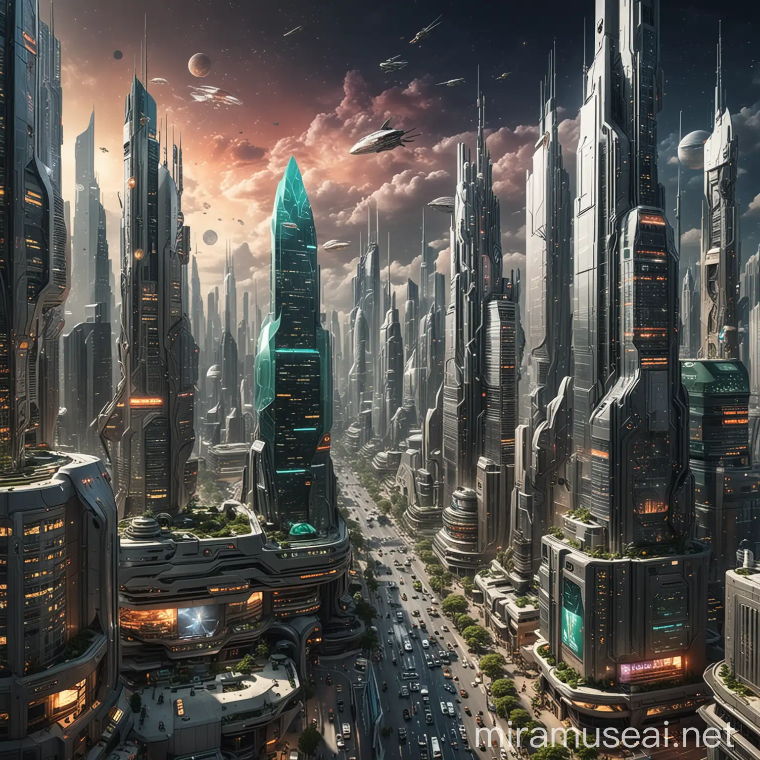 Make a CBD of a futuristic space colony. Include things like High-rise buildings, futuristic office complexes, bustling streets with space vehicles, holographic advertisements.