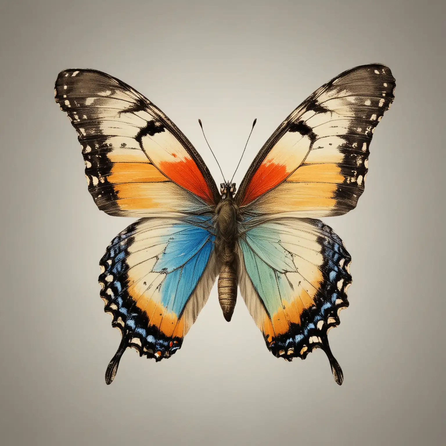 representa una imagen con fondo. neutro con la mitad de una mariposa colorida y la otra mitad grisácea