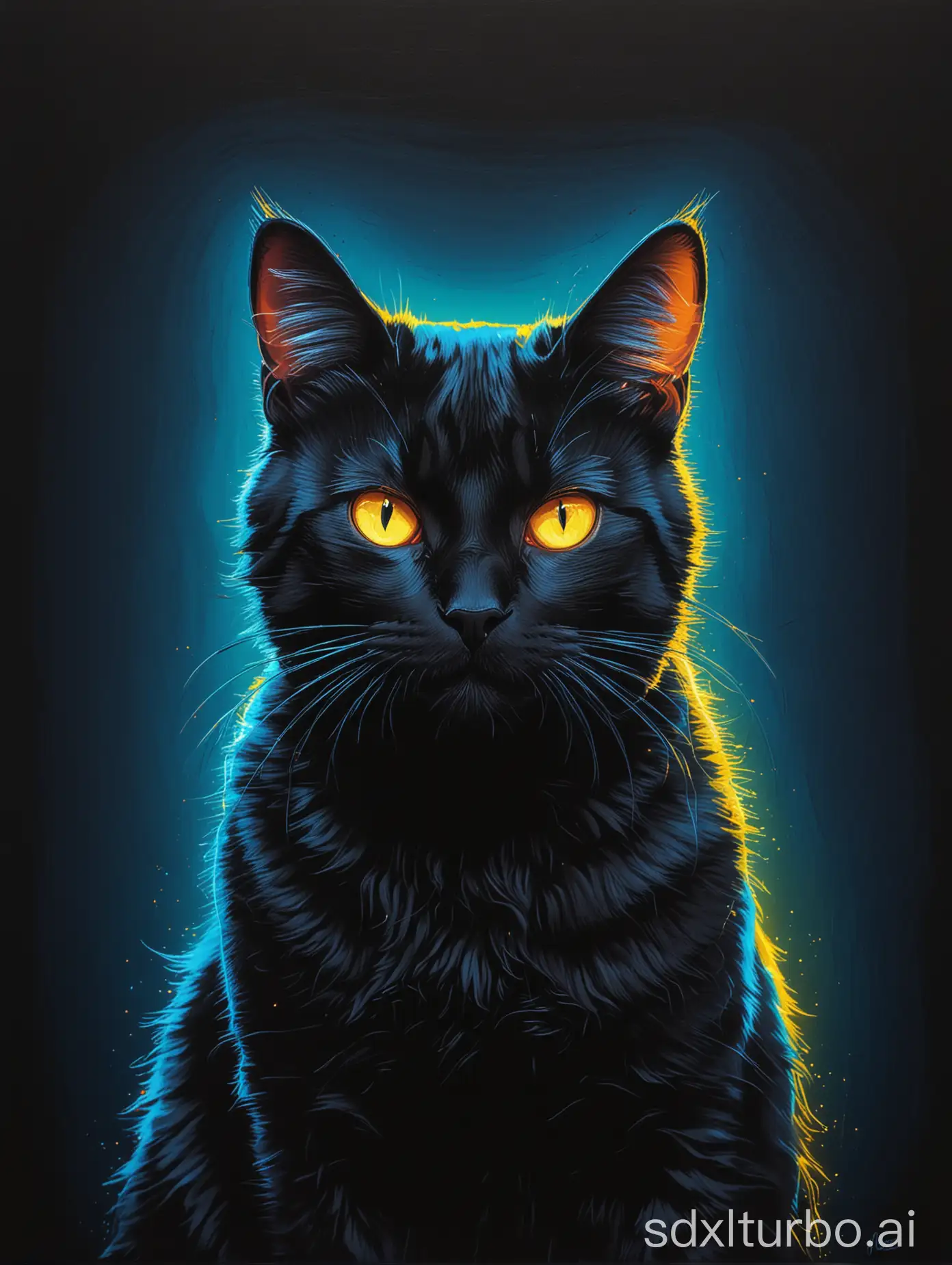 Cat, blue lighting, yellow glow in the background, drawing in the style of contemporary paintiner, neon colors, black background 
