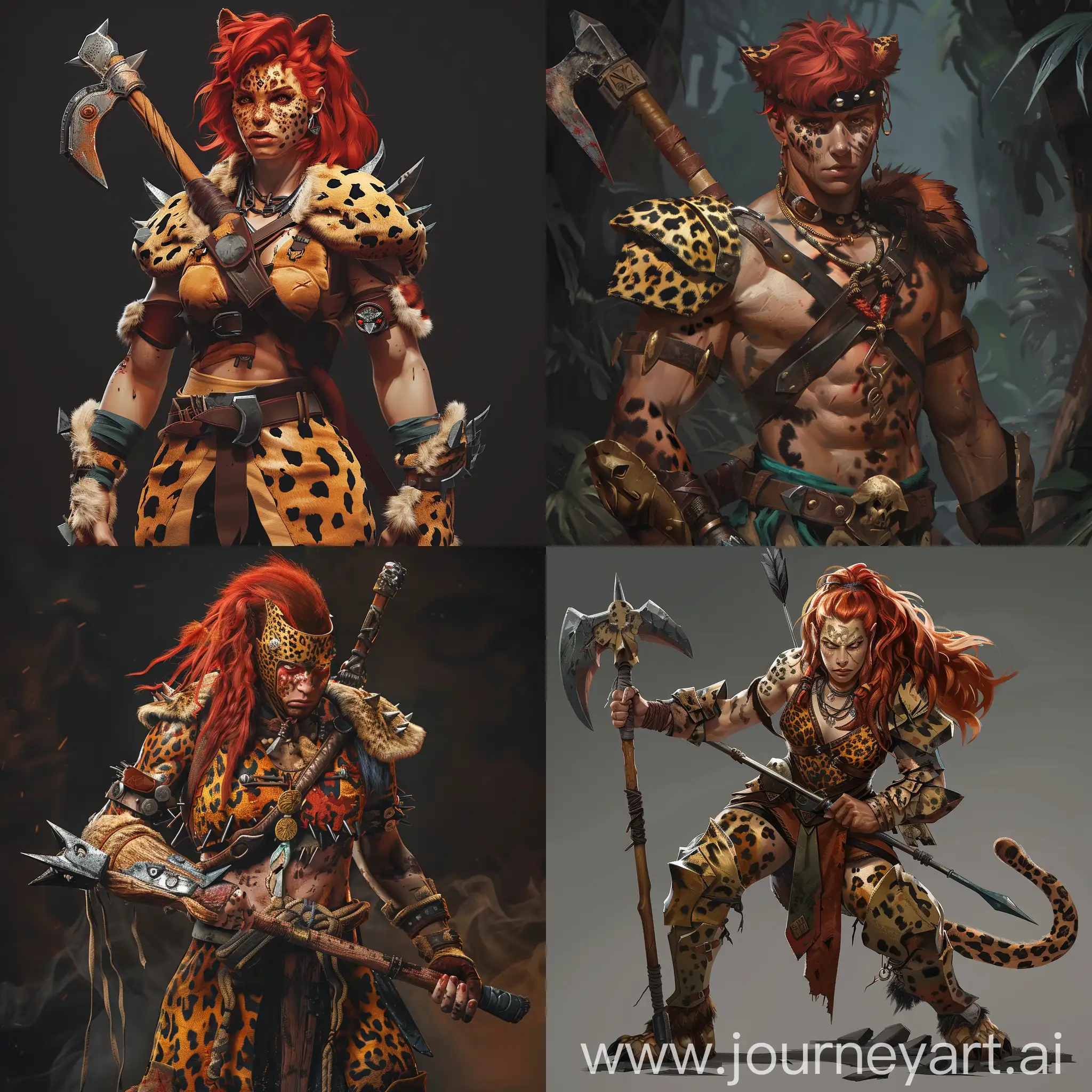 A red-haired, physically trained and sturdy warrior in leopard armor with a striking, intimidating melee weapon similar to a pickaxe,
more details, 4k, realism