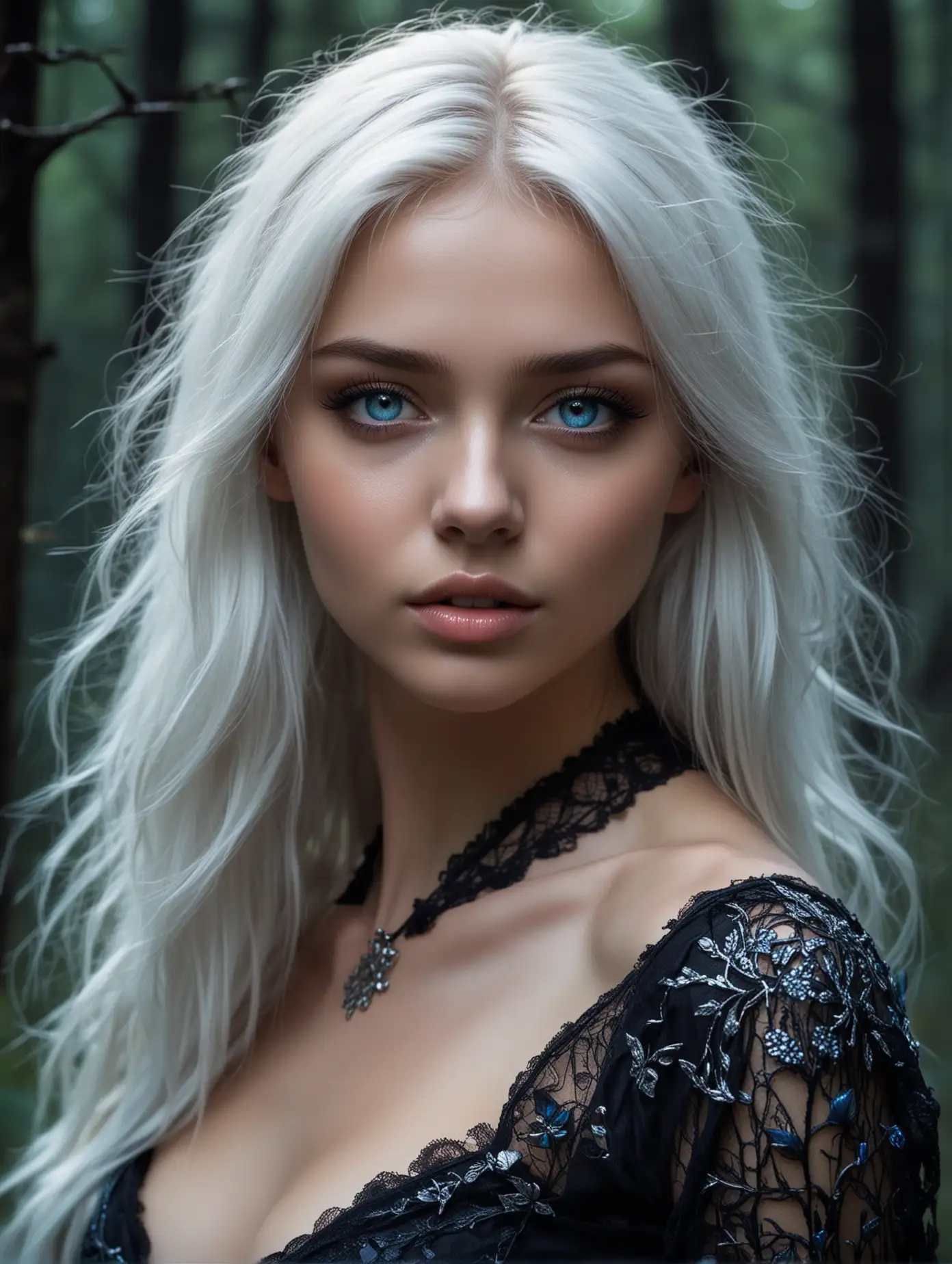 Photo of a beautiful 18 y.o. russian model, perfect body, white hair, glowing blue eyes, in dark forest, dark fantasy theme, upper body view