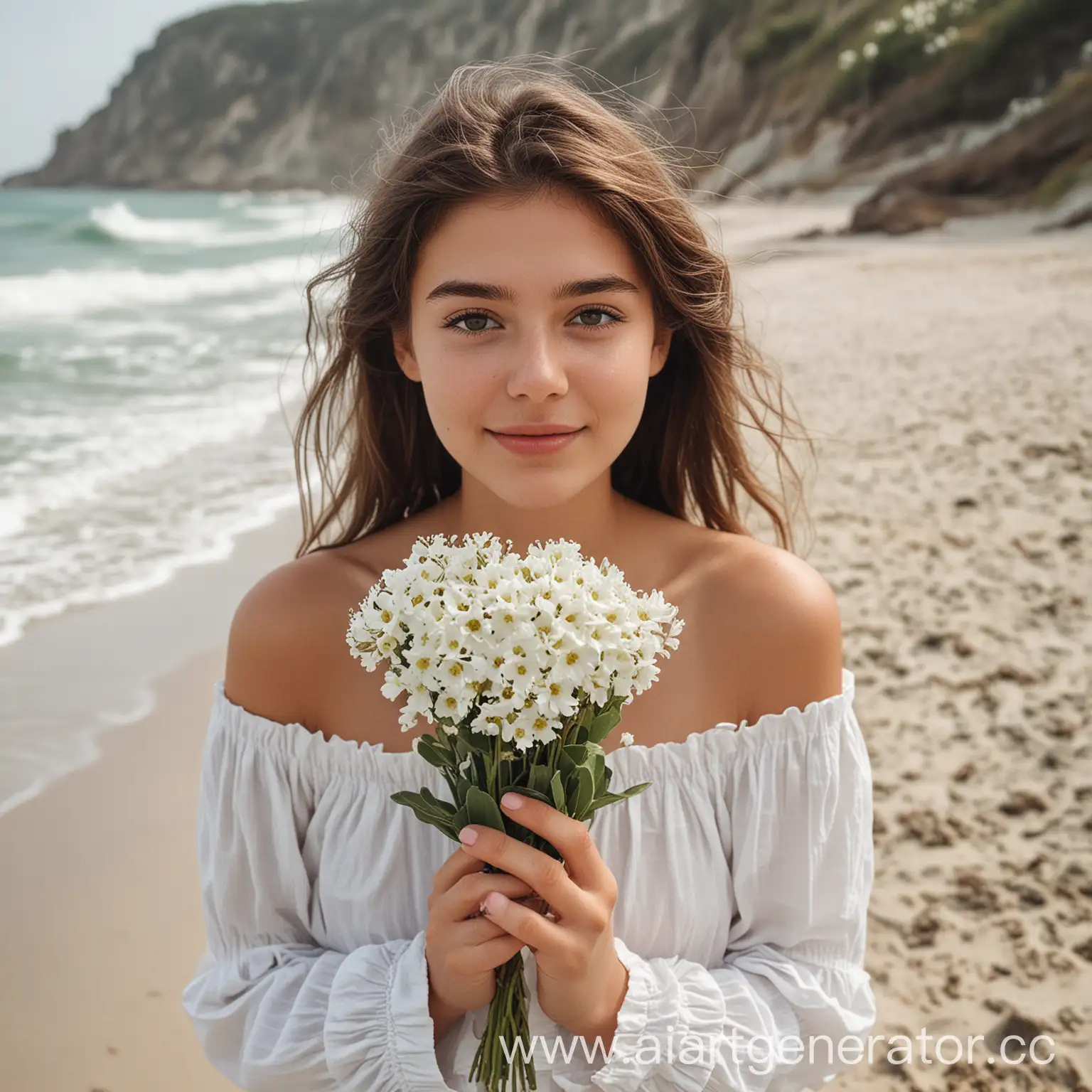 A 20-25 year OLD GIRL ON THE BEACH WITH WHITE FLOWERS IN HER HANDS
